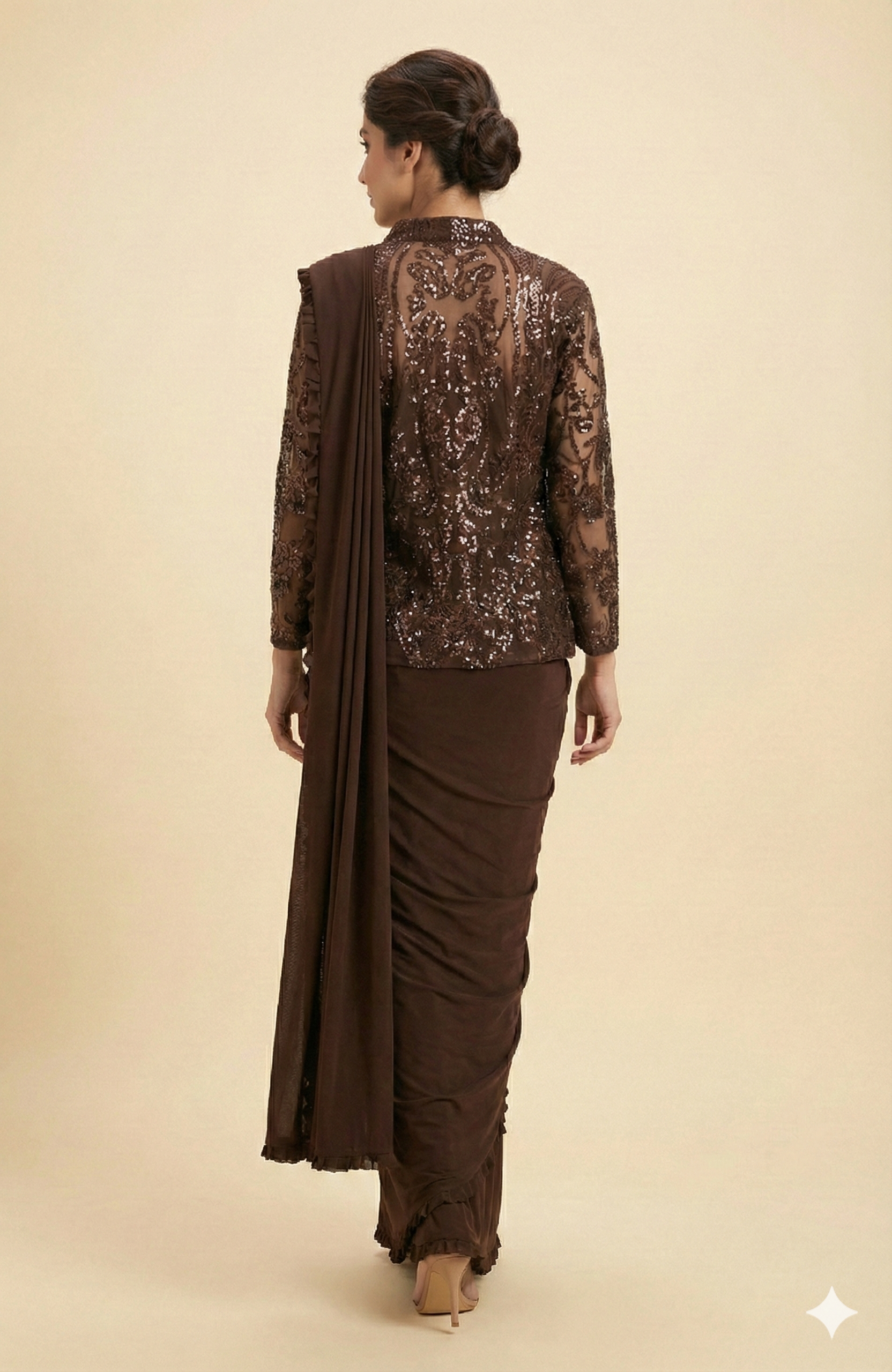 Brown Lycra Pre-Stitched Saree with Designer Sequin Jacket