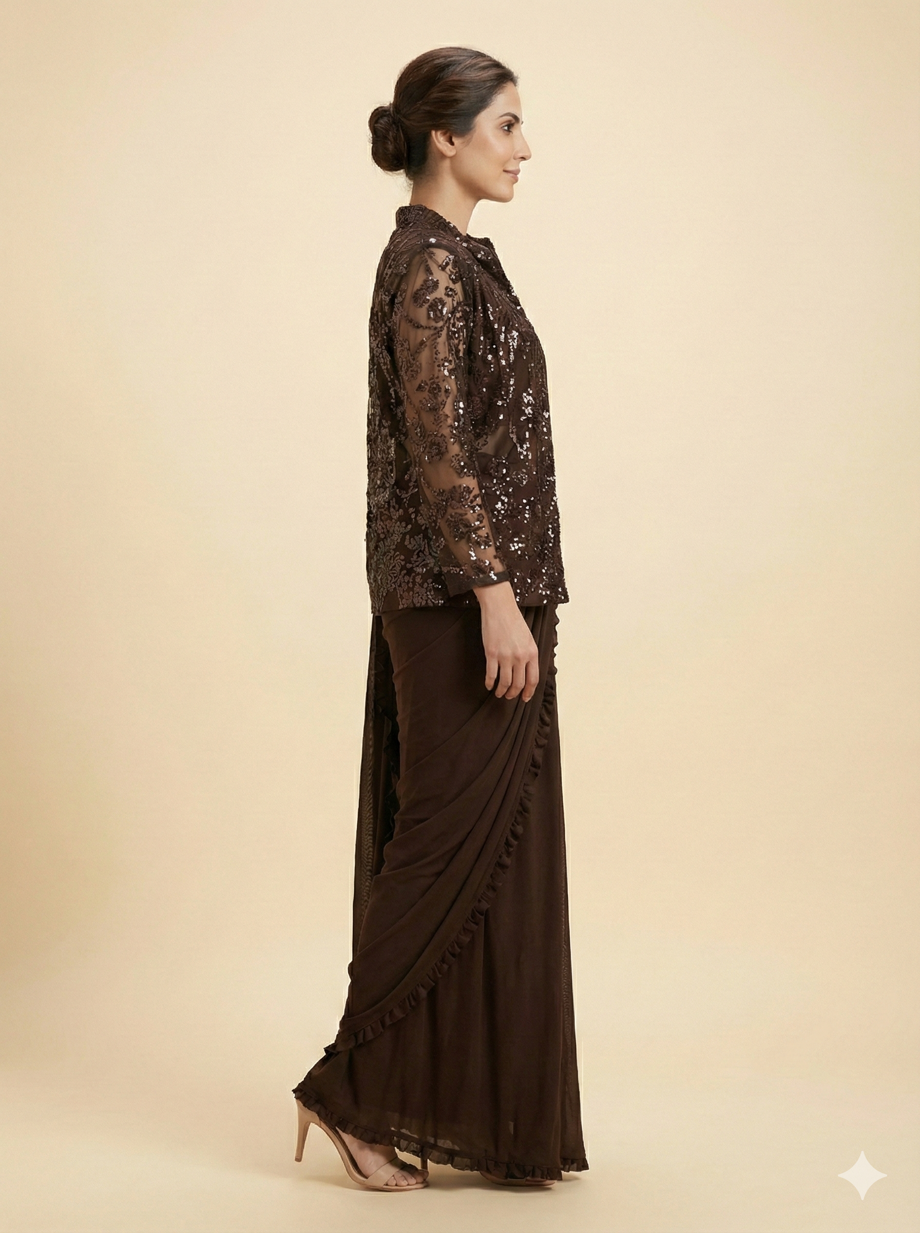 Brown Lycra Pre-Stitched Saree with Designer Sequin Jacket