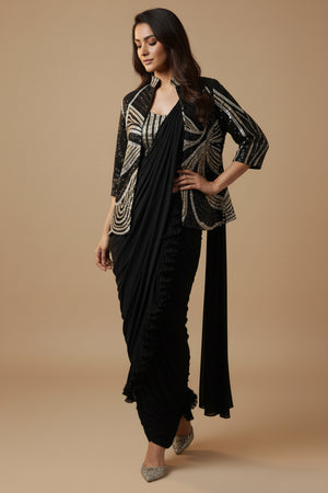 Black Lycra Pre-Stitched Saree with Designer Sequin Jacket