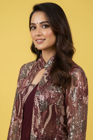 Wine Lycra Pre-Stitched Saree with Designer Sequin Jacket