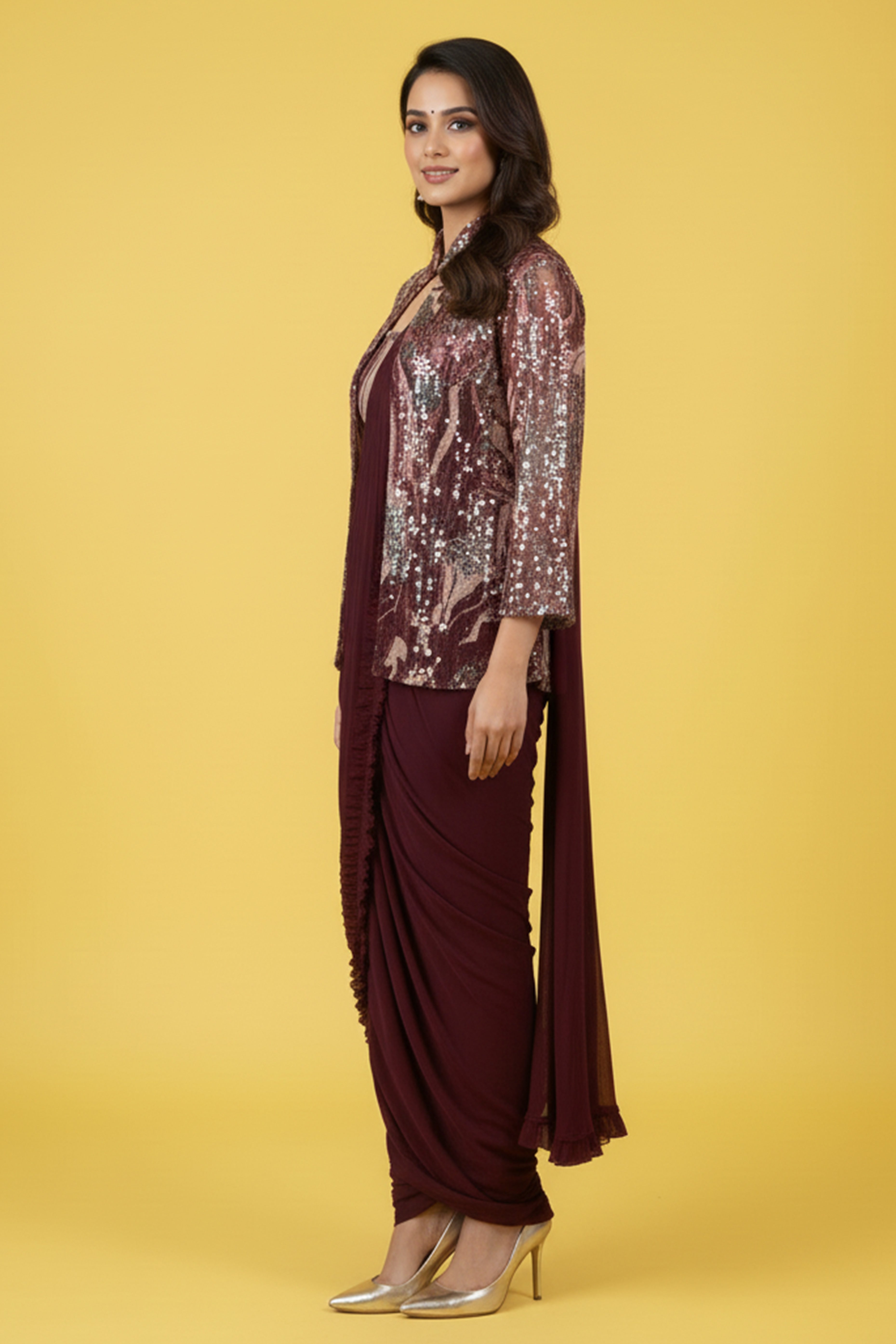 Wine Lycra Pre-Stitched Saree with Designer Sequin Jacket