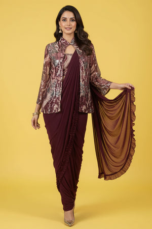 Wine Lycra Pre-Stitched Saree with Designer Sequin Jacket