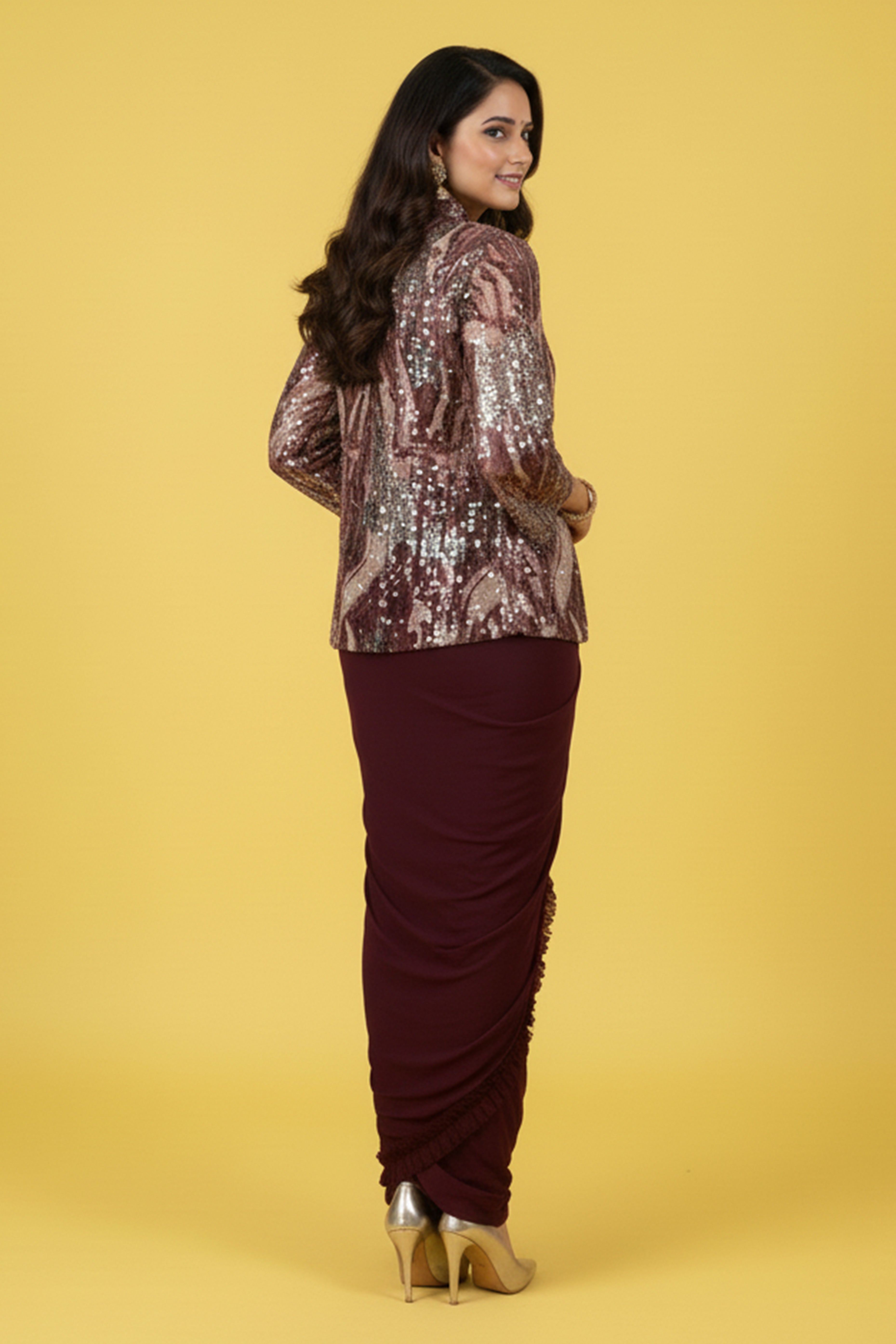 Wine Lycra Pre-Stitched Saree with Designer Sequin Jacket