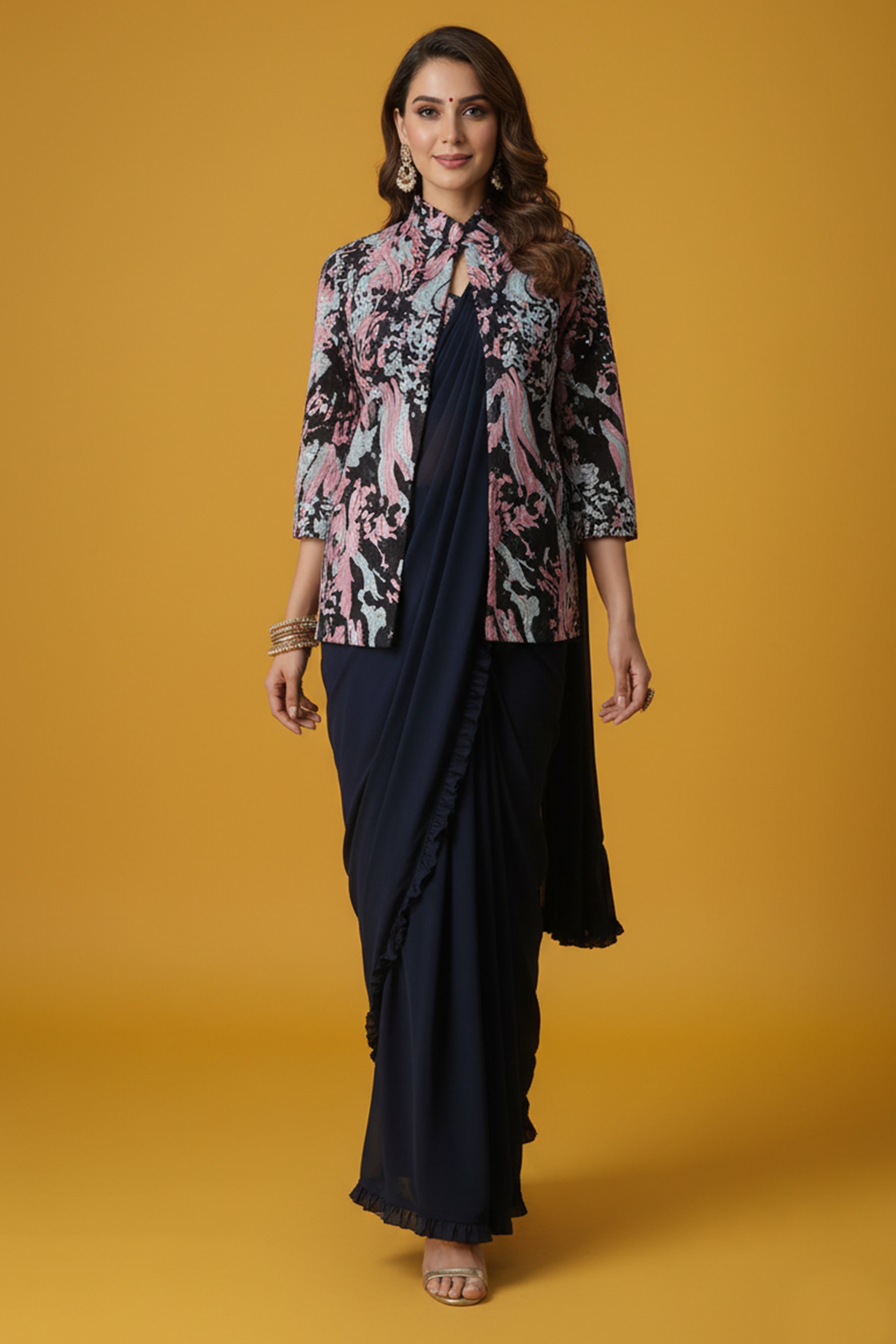 Navy Blue Lycra Pre-Stitched Saree with Designer Sequin Jacket