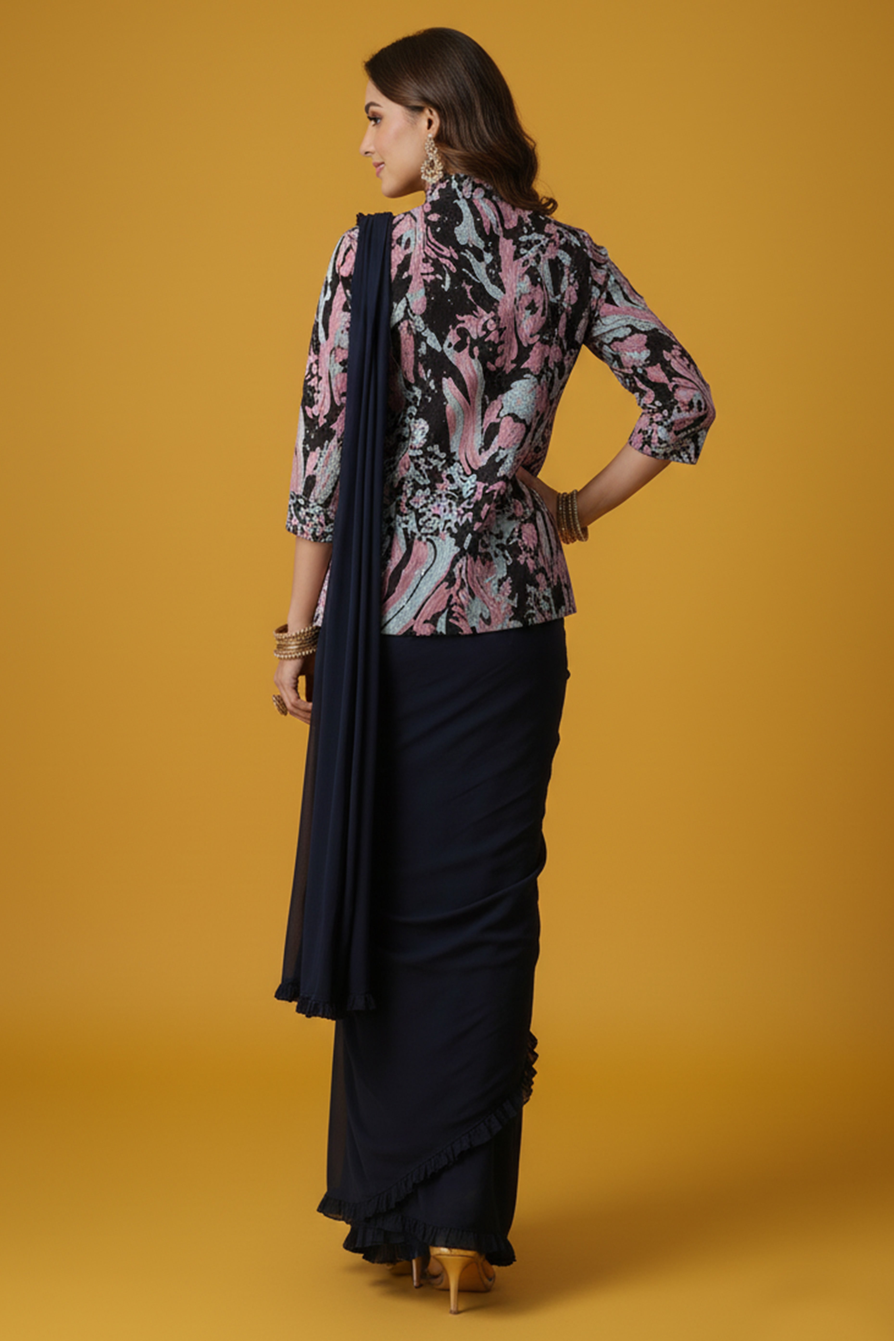 Navy Blue Lycra Pre-Stitched Saree with Designer Sequin Jacket