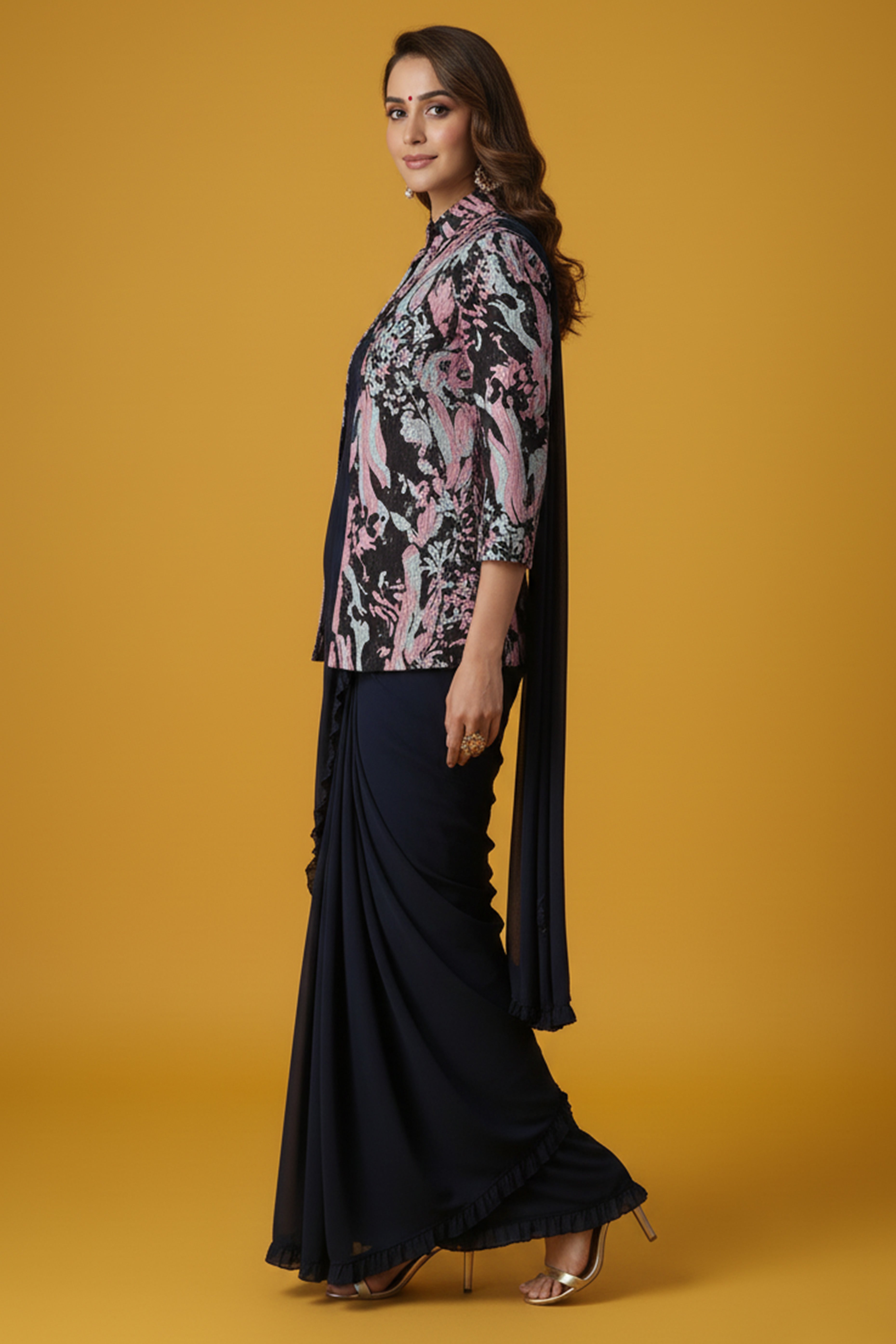 Navy Blue Lycra Pre-Stitched Saree with Designer Sequin Jacket