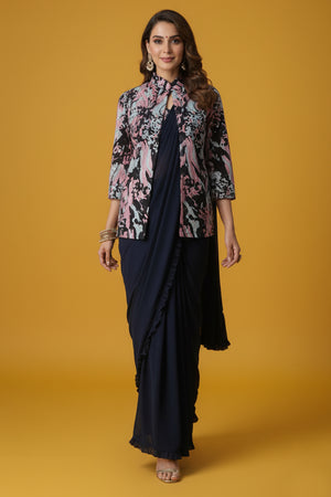 Navy Blue Lycra Pre-Stitched Saree with Designer Sequin Jacket