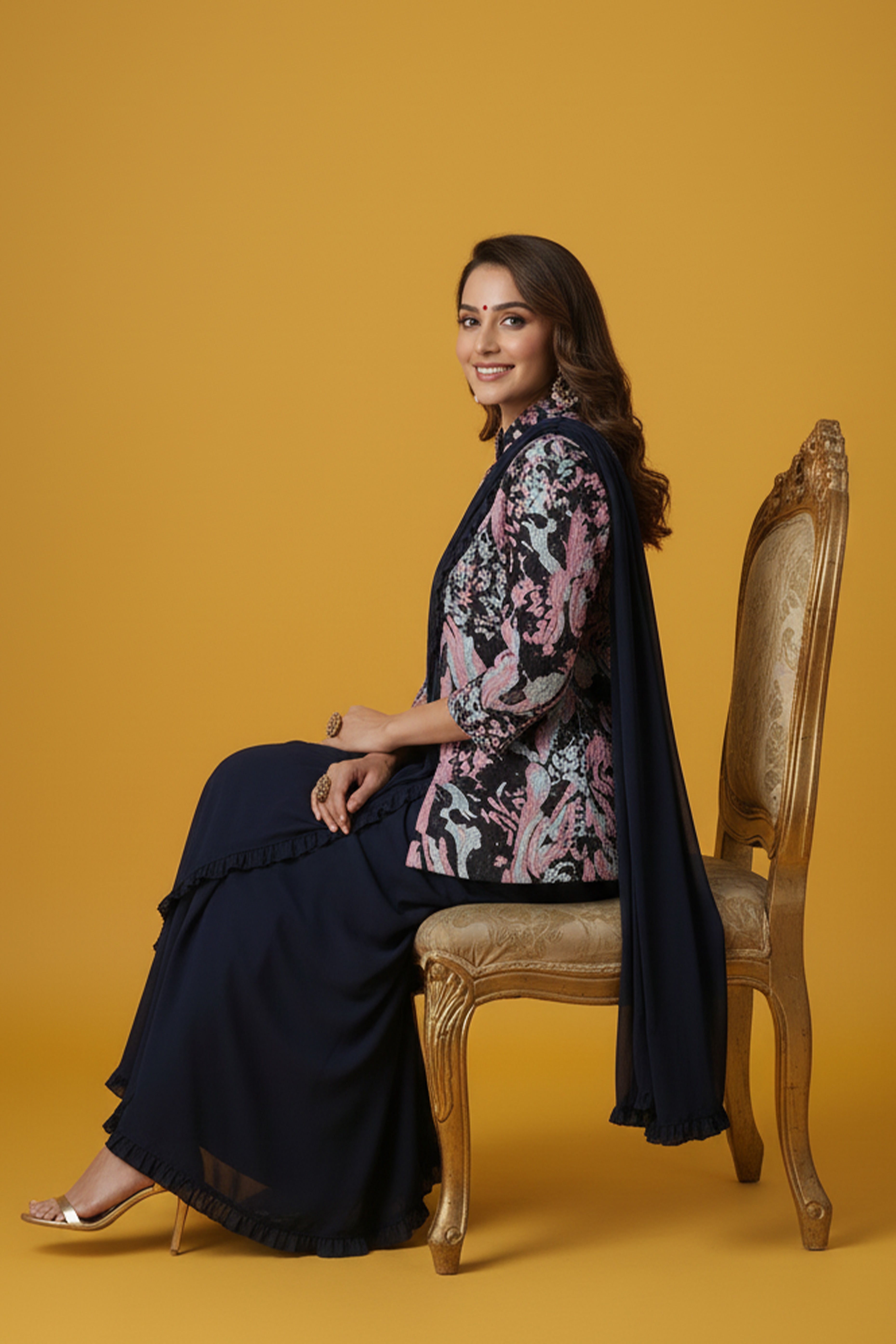 Navy Blue Lycra Pre-Stitched Saree with Designer Sequin Jacket