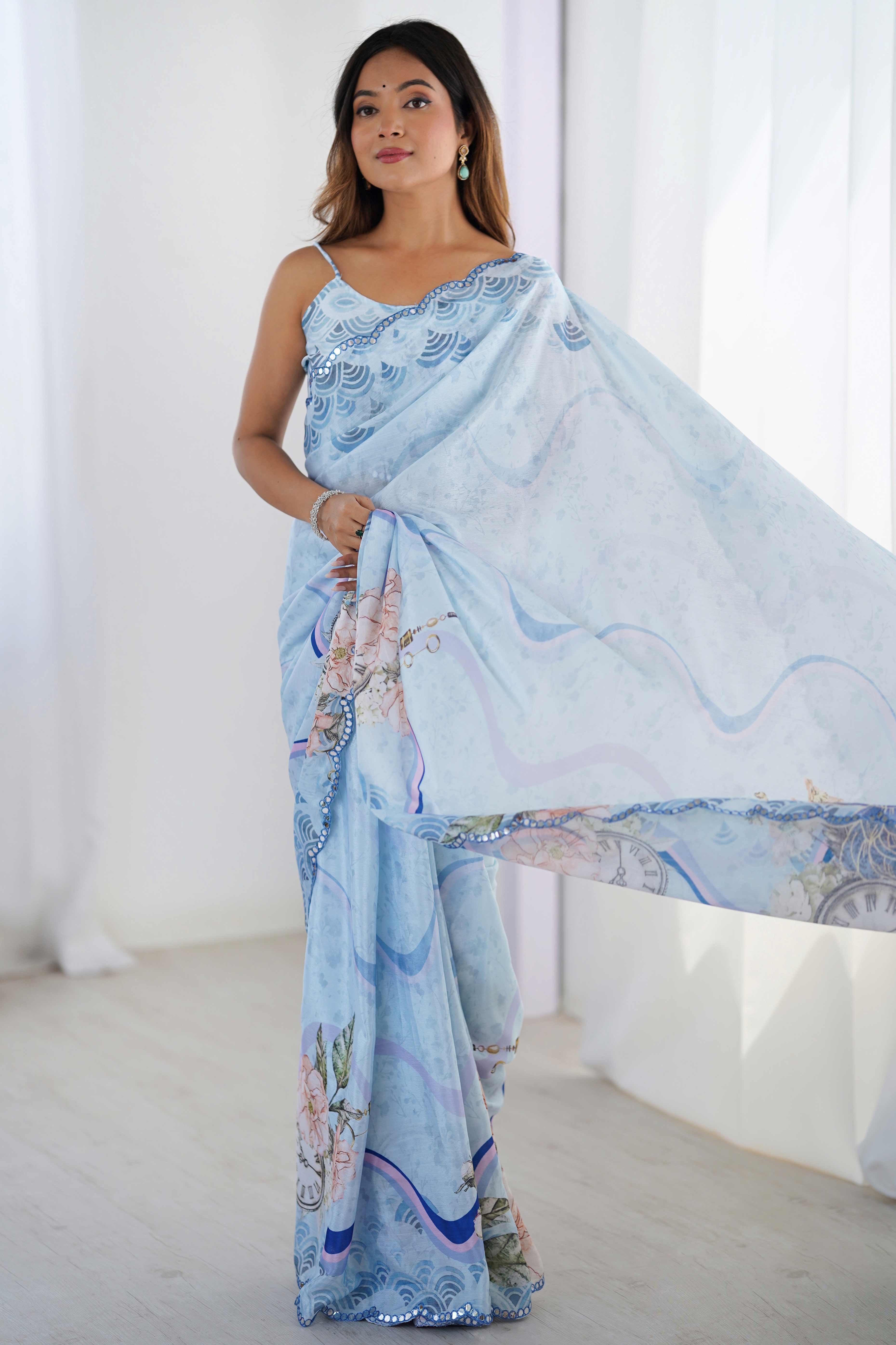 Sky Blue Floral Printed Chinon Saree with Shimmering Mirror Detailing