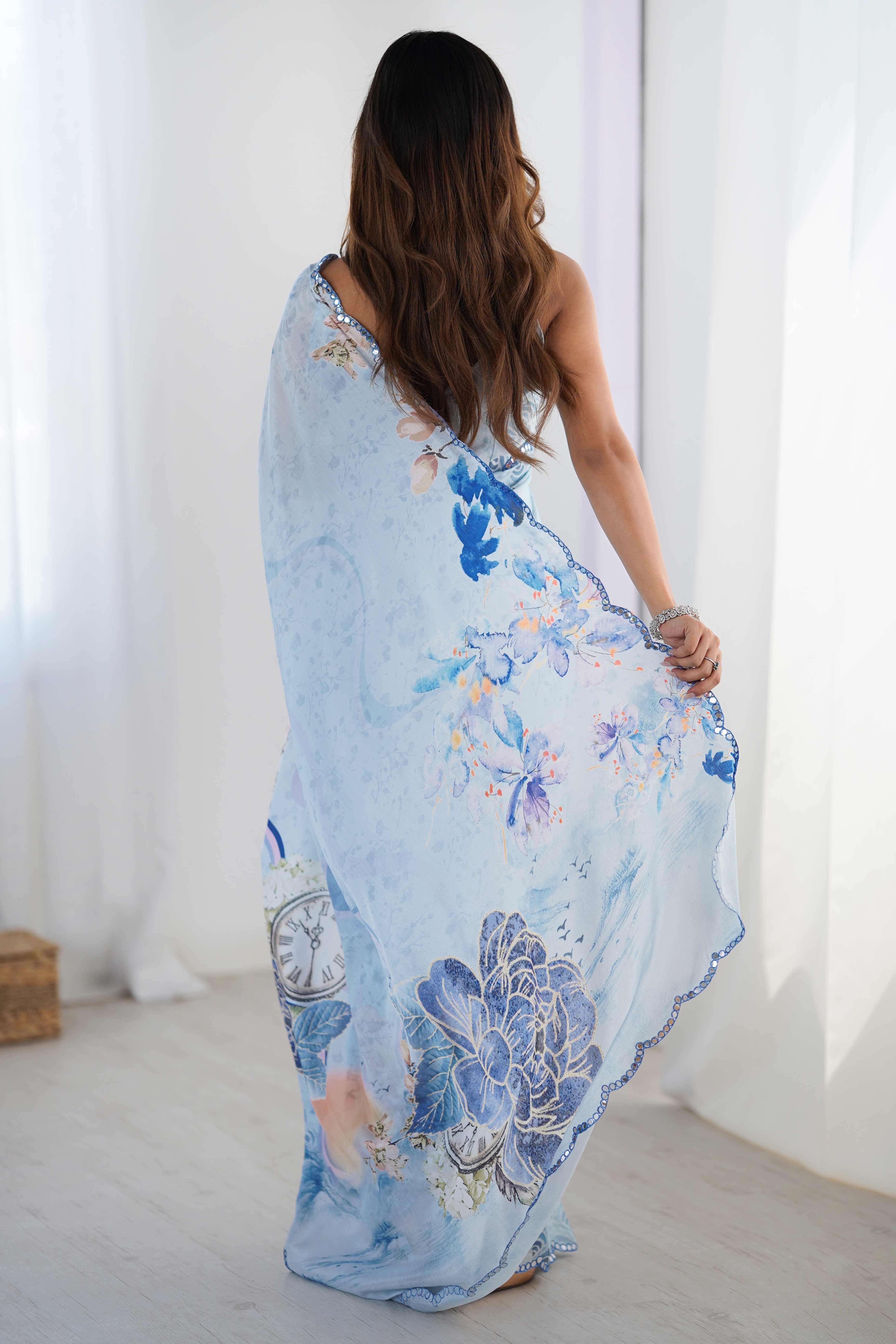 Sky Blue Floral Printed Chinon Saree with Shimmering Mirror Detailing