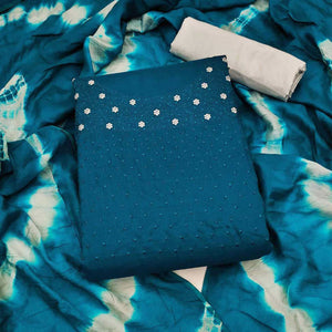 Blue Floral Embroidered Cotton Silk Dress Material