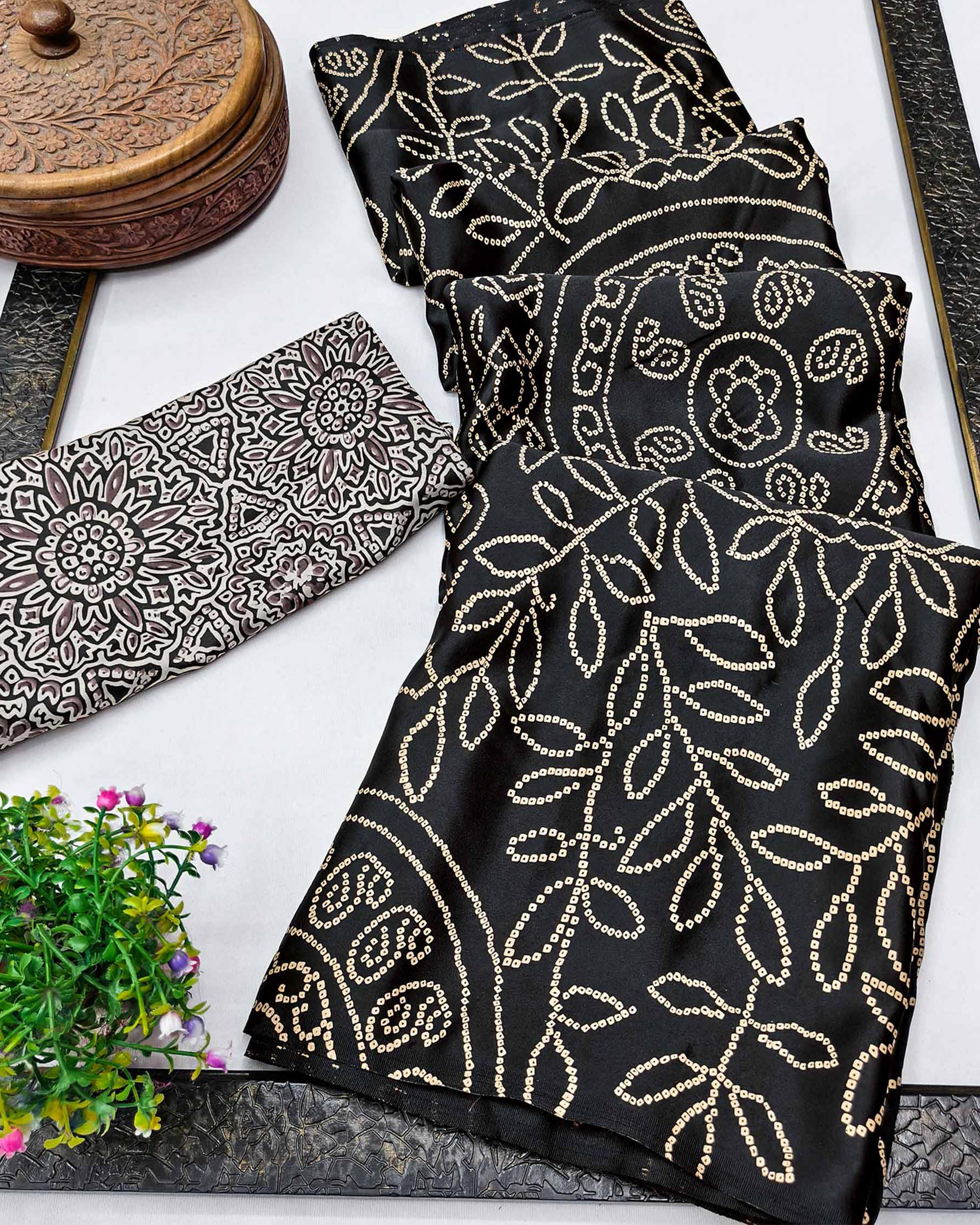 Black Moss Satin Silk Saree Featuring Bandhani Print & Ajrakh Pallu Work