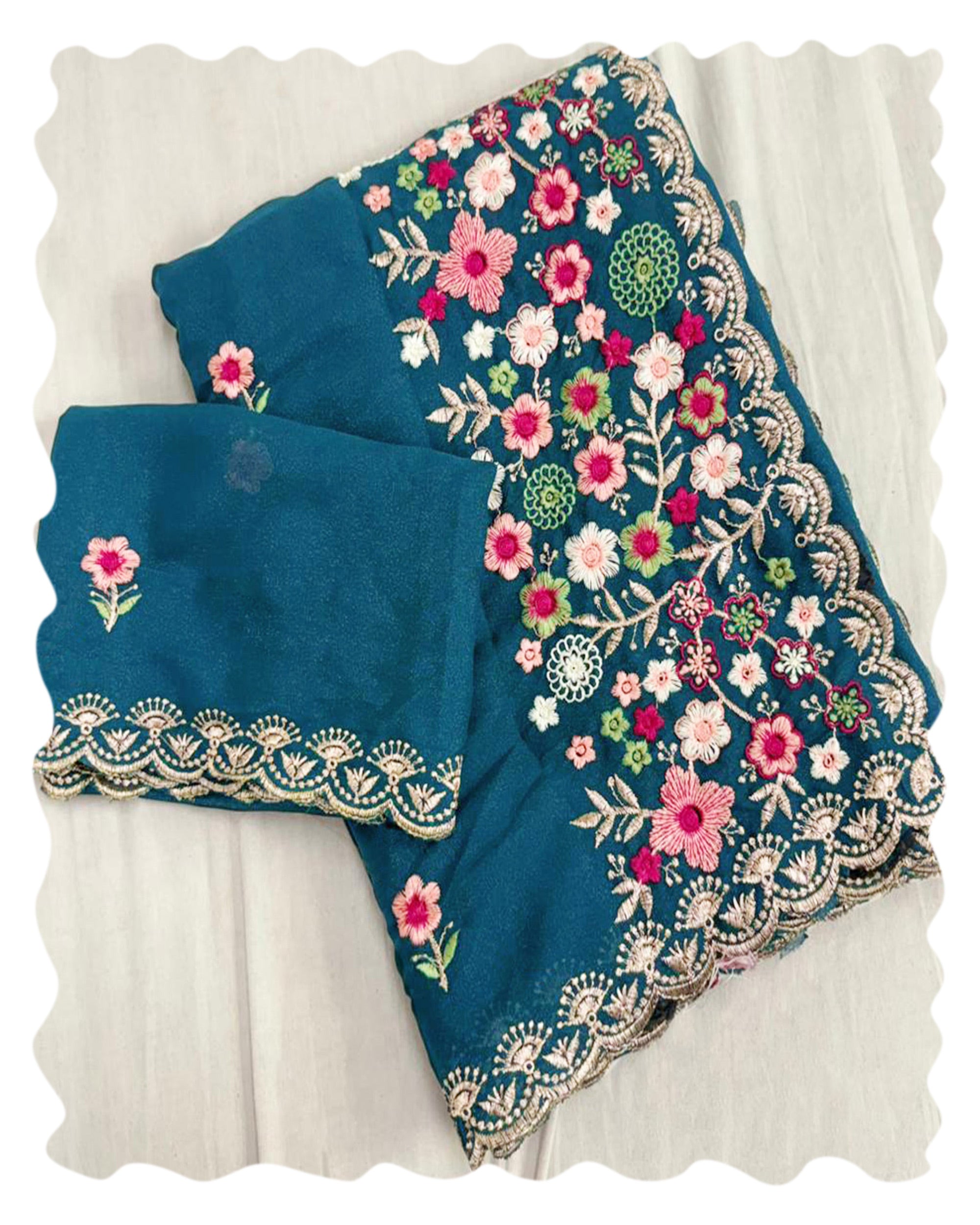 Graceful Morpich Blue Georgette Saree Featuring Exquisite Floral Thread Embroidery Work