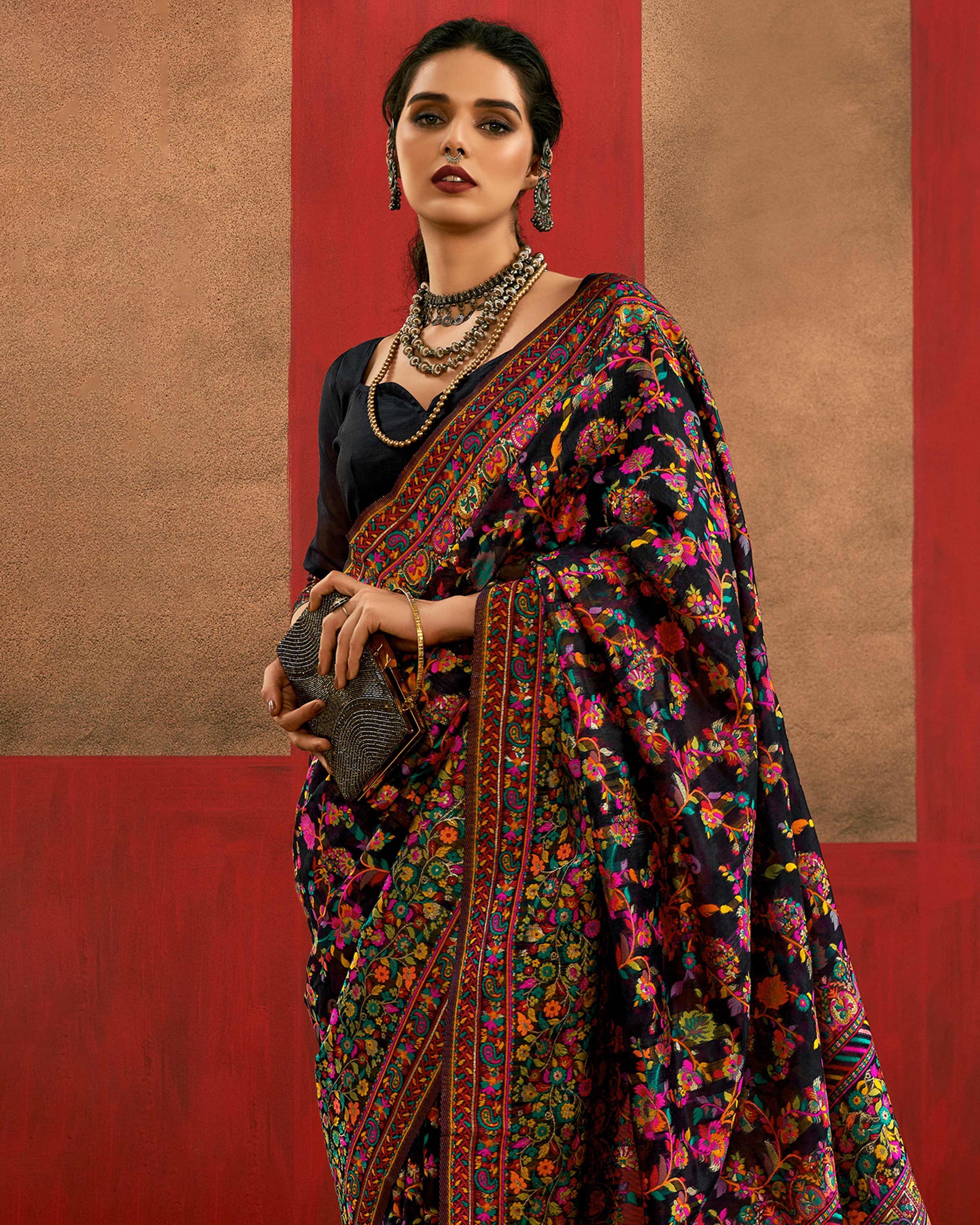 Graceful Black Floral Weaving Pashmina Modal Cotton Blend Saree With Timeless Appeal