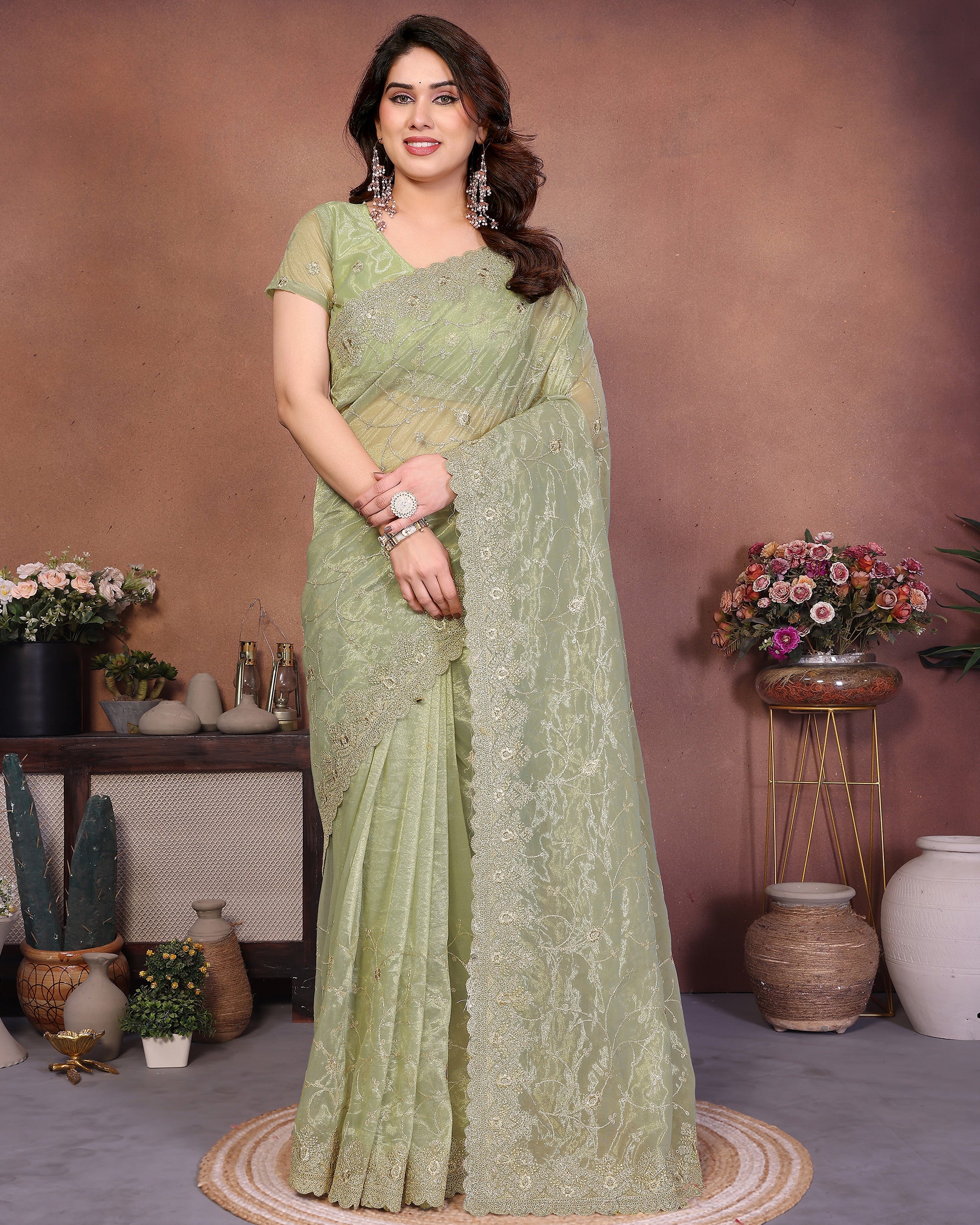 Pista Green Designer Twill Net Saree Enhanced with Delicate Thread Work Embroidery