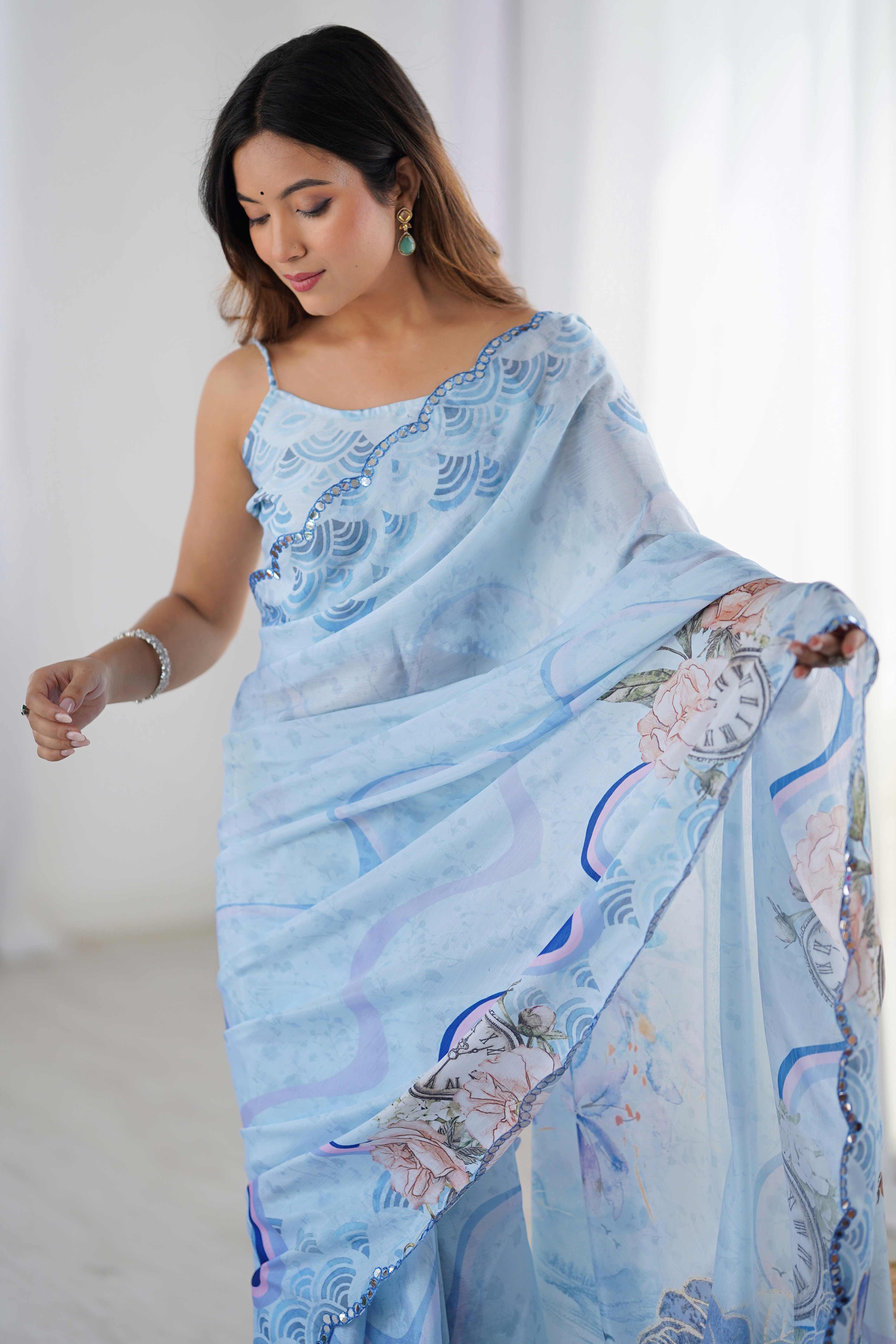Sky Blue Floral Printed Chinon Saree with Shimmering Mirror Detailing