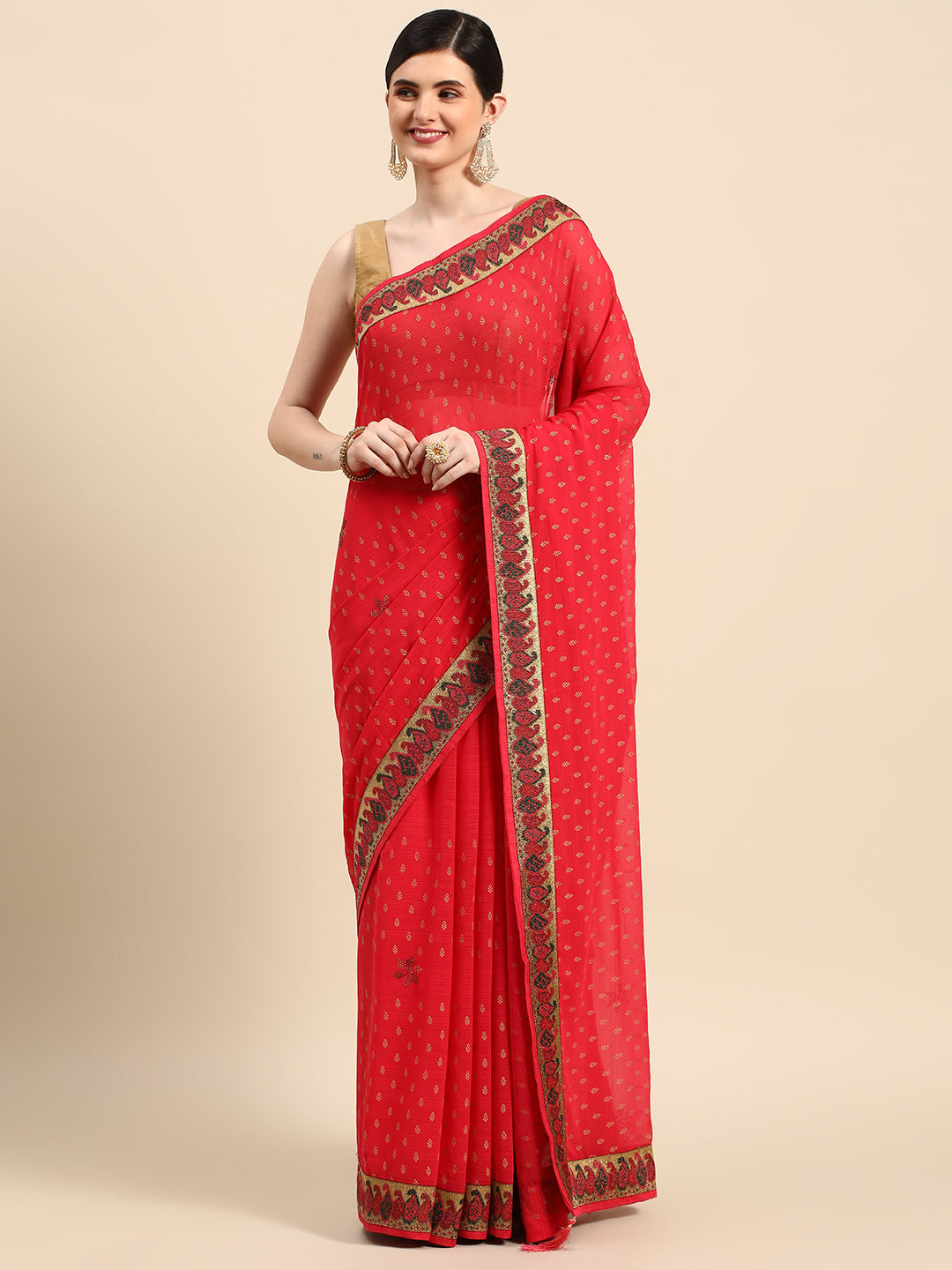 Red Foil Printed With Swarovski Zomato Silk Saree