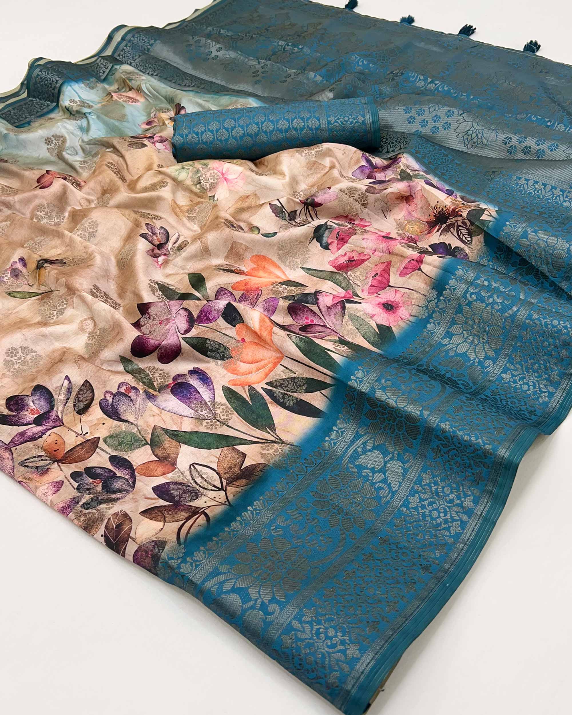 Stylish Cotton Silk Saree in Beige & Teal with Digital Printed and Weaving Border