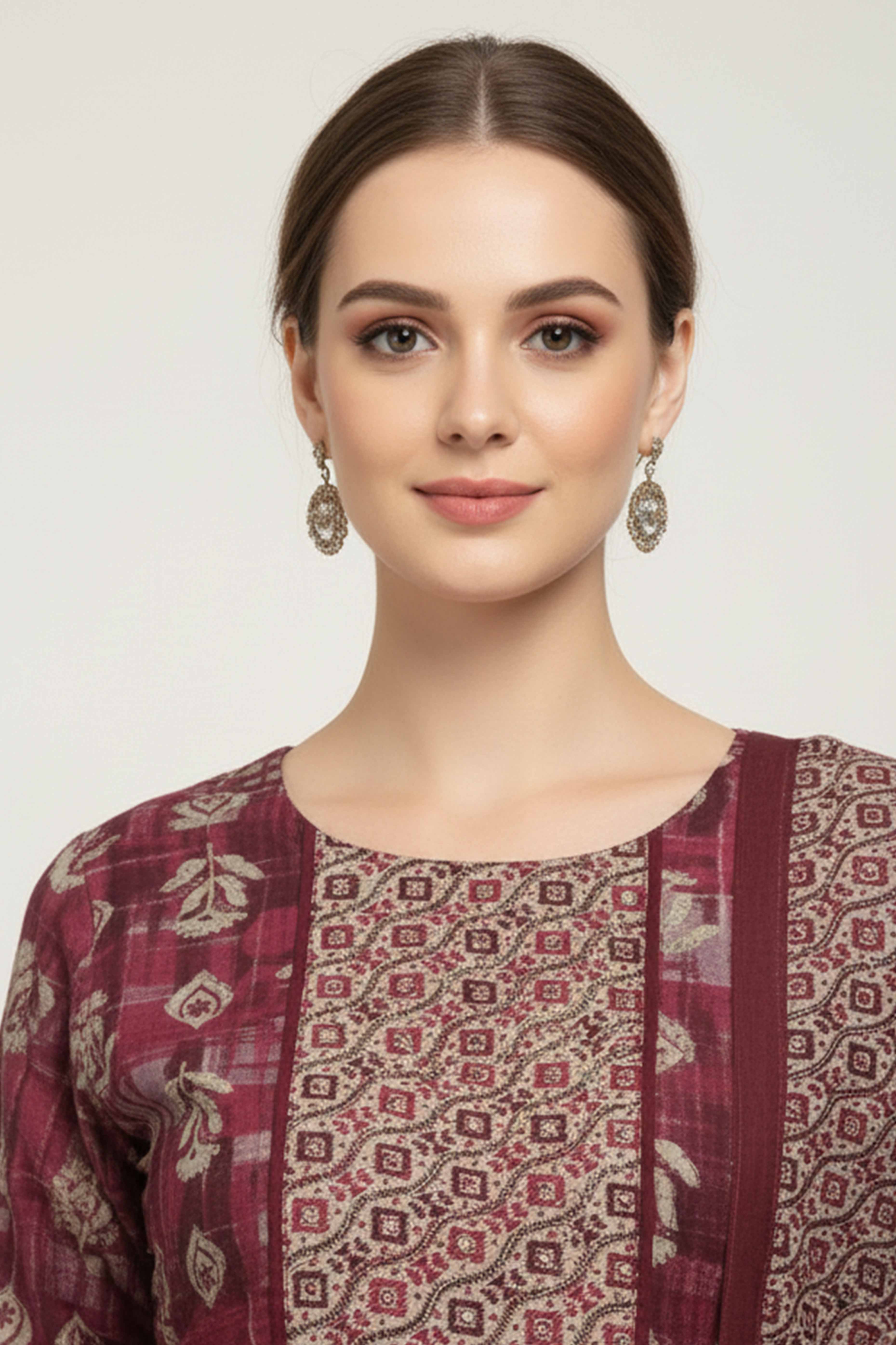 Wine Floral Foil Printed Modal Suit