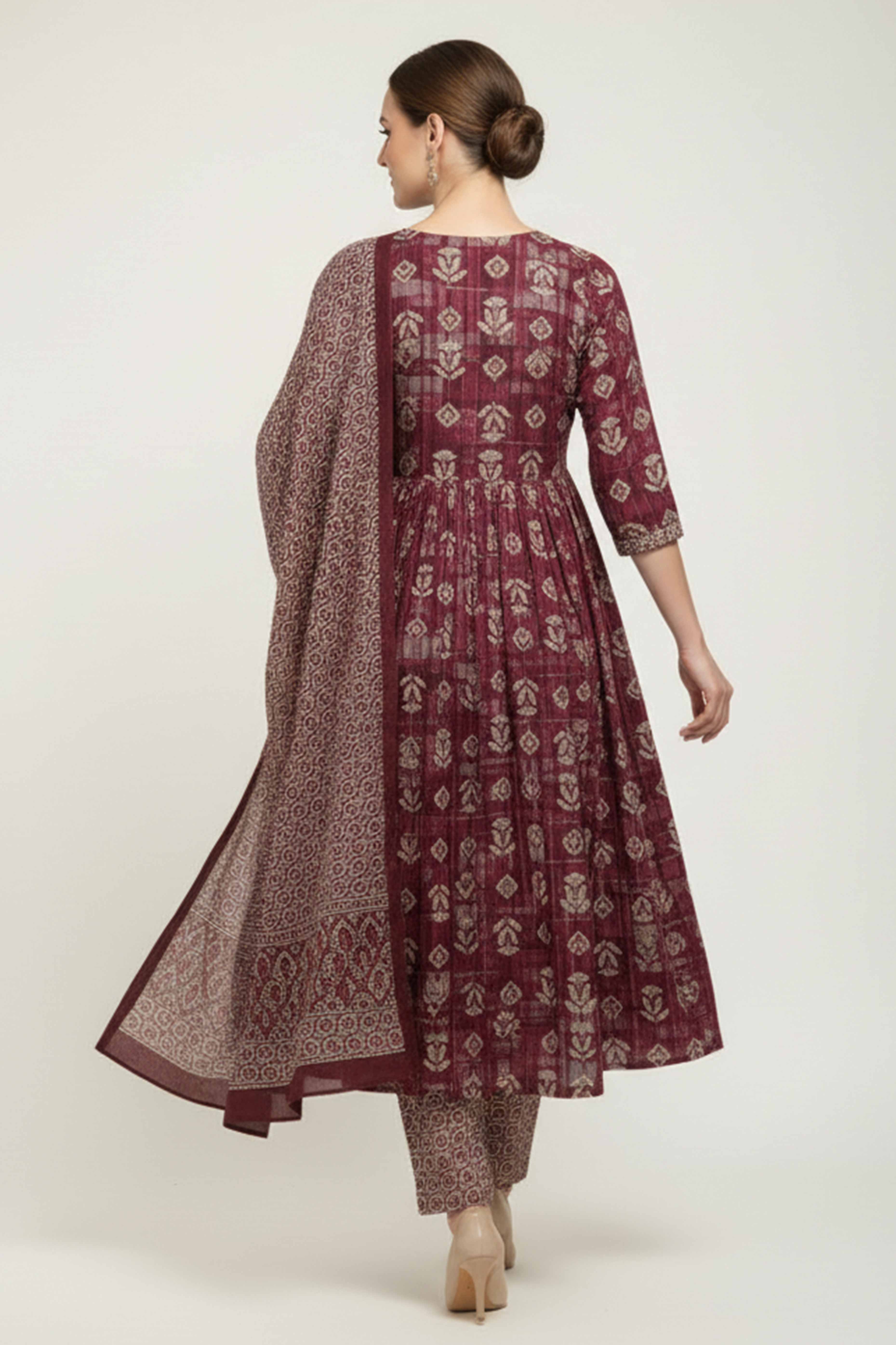 Wine Floral Foil Printed Modal Suit