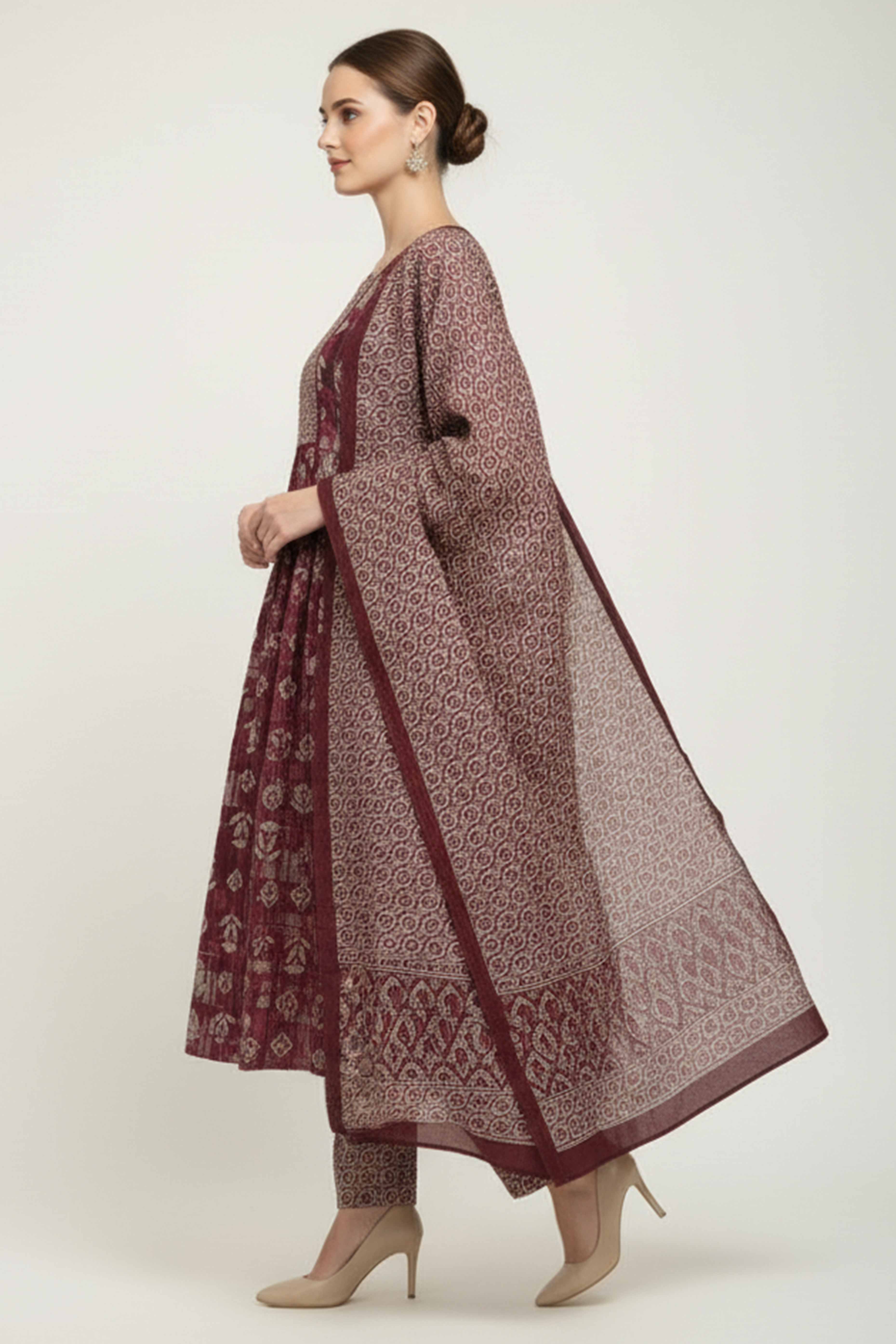 Wine Floral Foil Printed Modal Suit