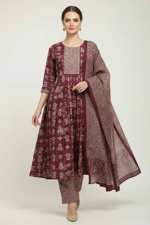 Wine Floral Foil Printed Modal Suit