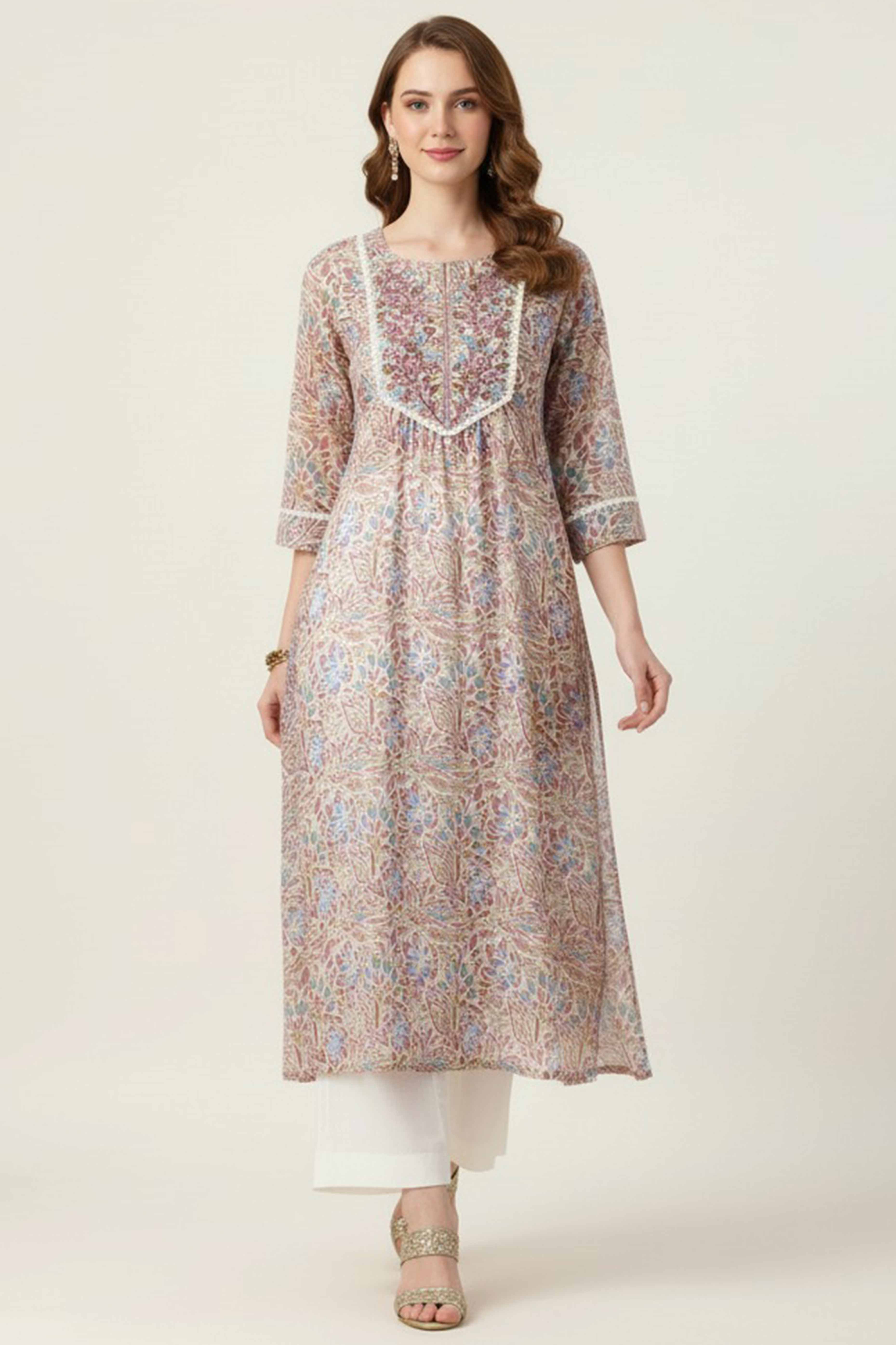 Peach Floral Printed Rayon Straight Kurti