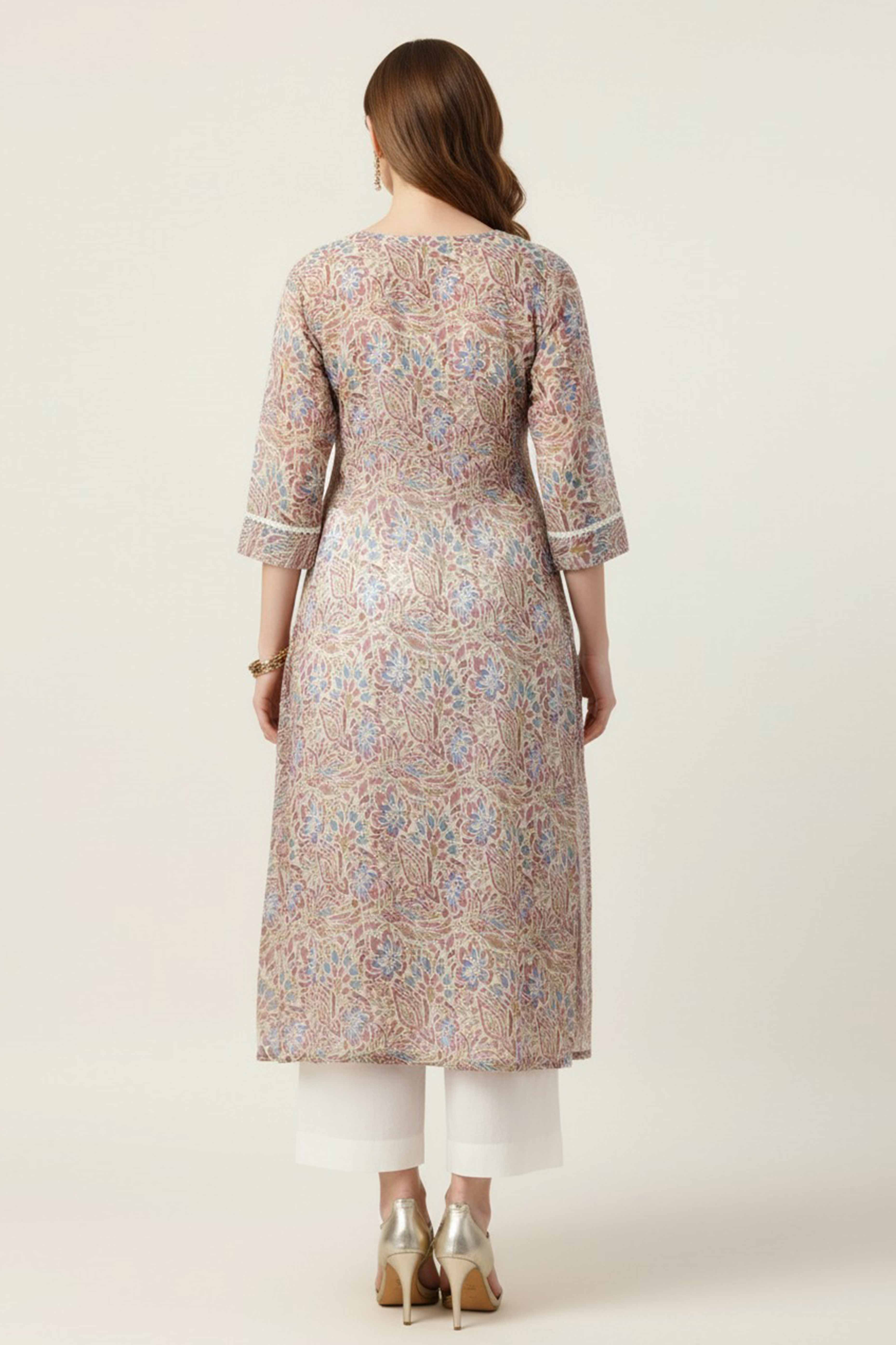 Peach Floral Printed Rayon Straight Kurti