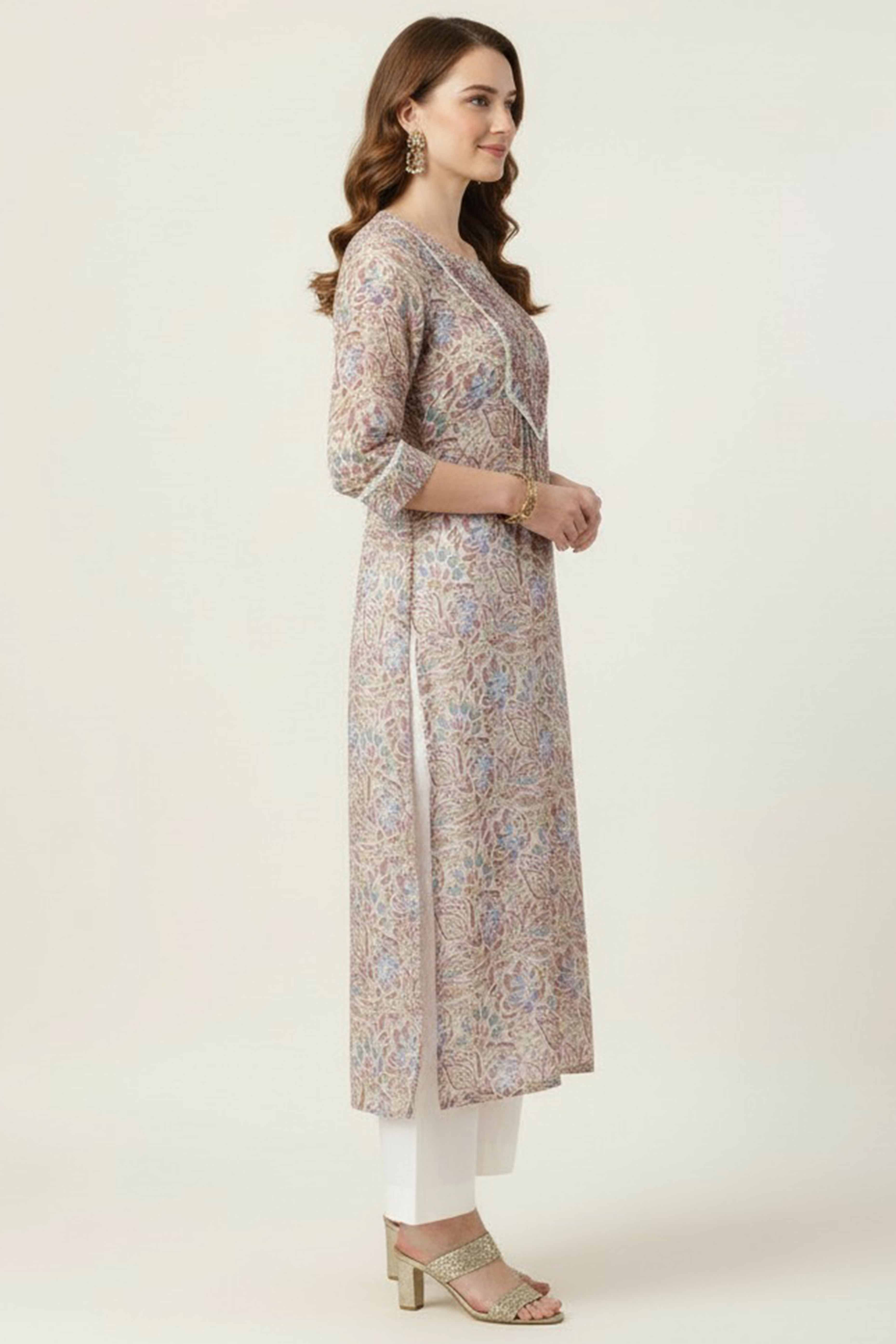 Peach Floral Printed Rayon Straight Kurti