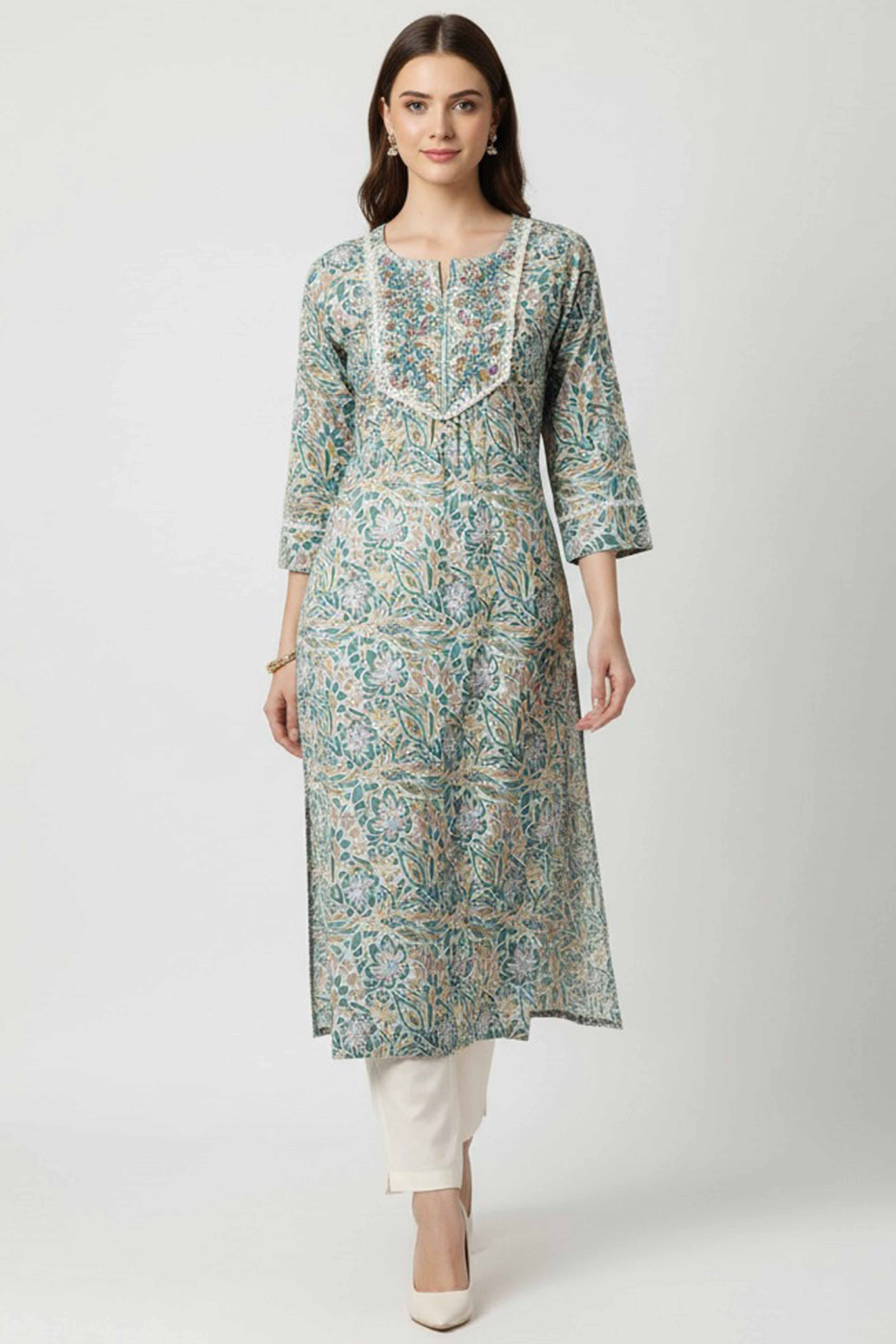 Turquoise Floral Printed Rayon Straight Kurti
