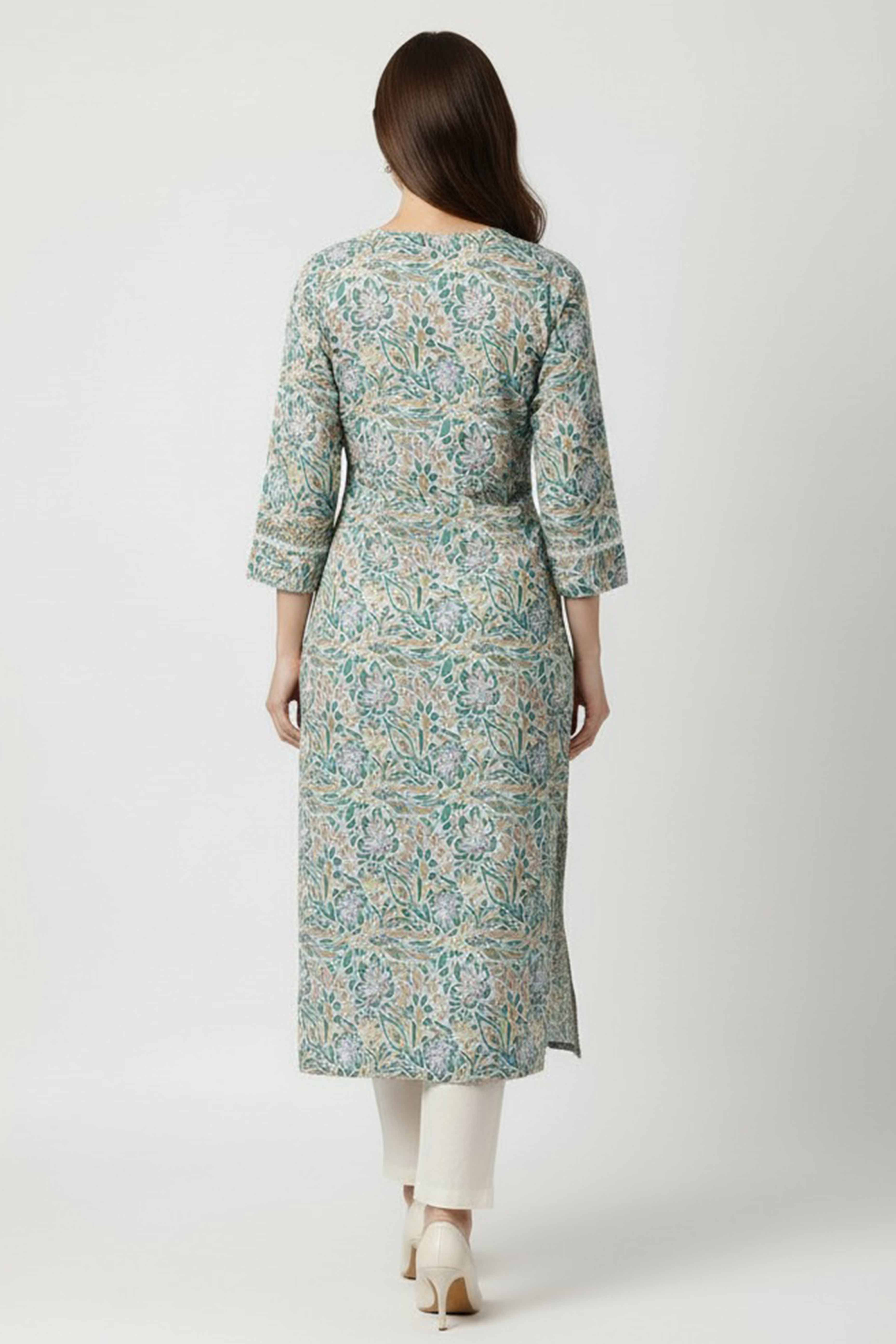 Turquoise Floral Printed Rayon Straight Kurti