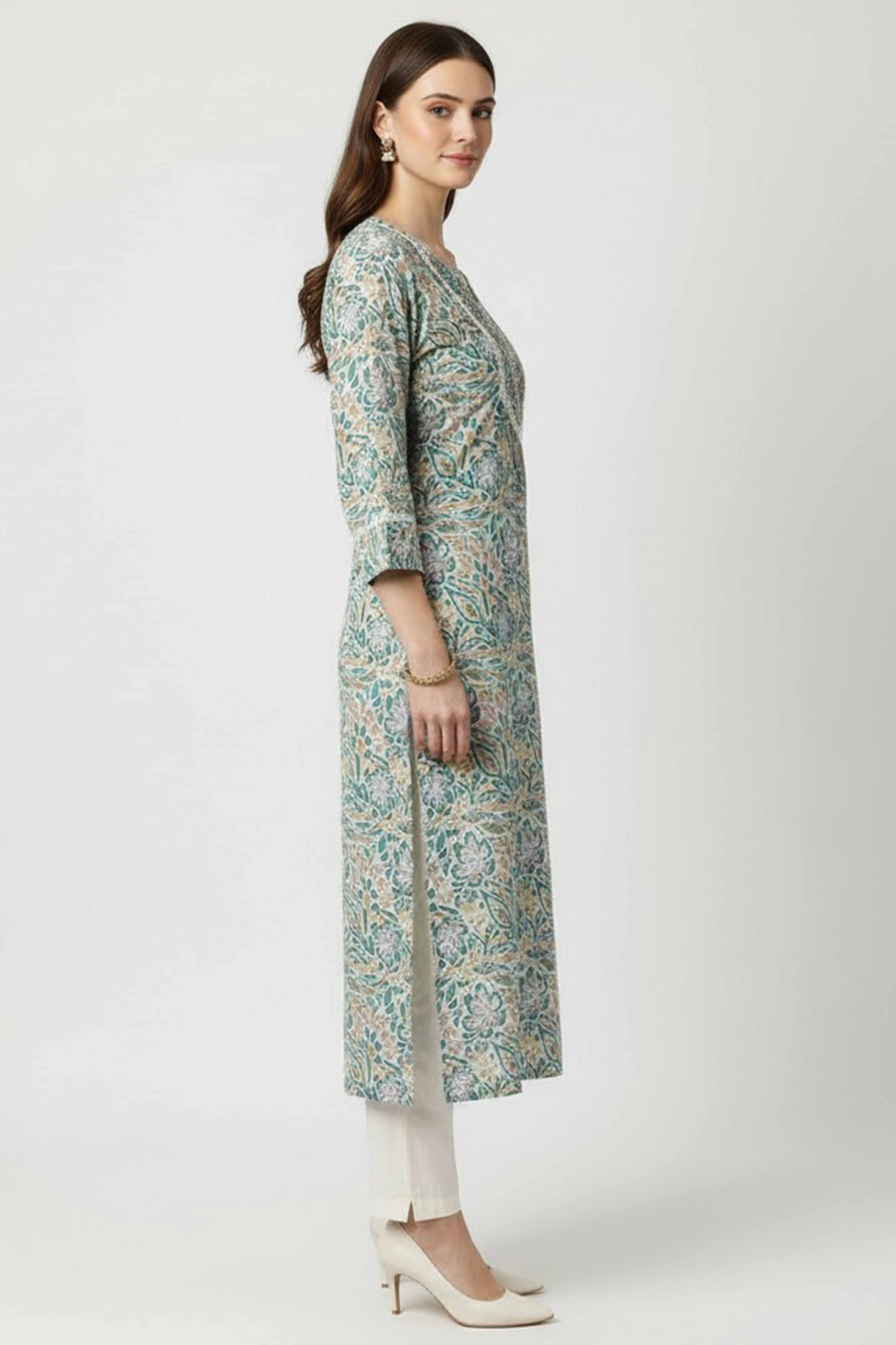 Turquoise Floral Printed Rayon Straight Kurti