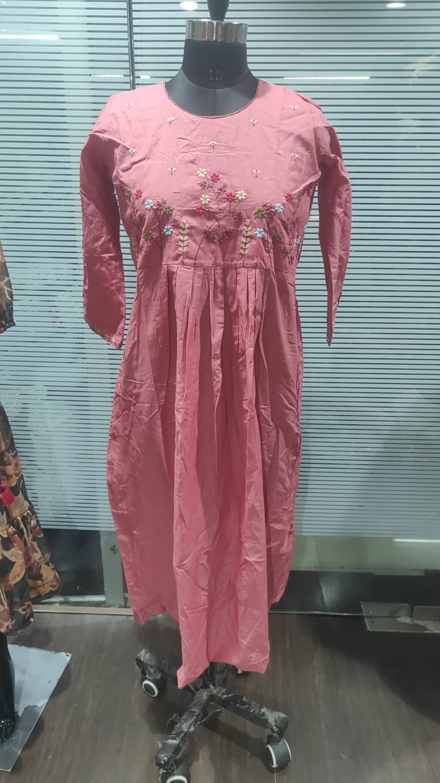 Peach Floral Thread Embroidered Pure Cotton Maxi Dress in Soft Cambric Fabric - Image 1