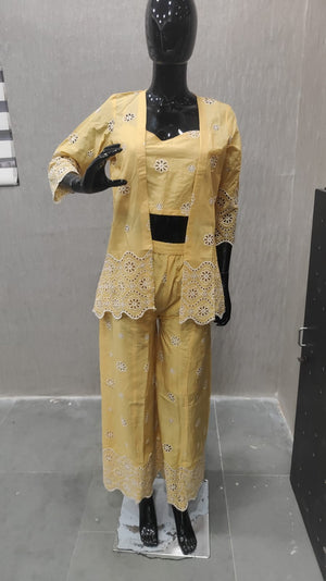 Yellow Schiffli Pure Cotton Top Bottom Set With Jacket - Image 5