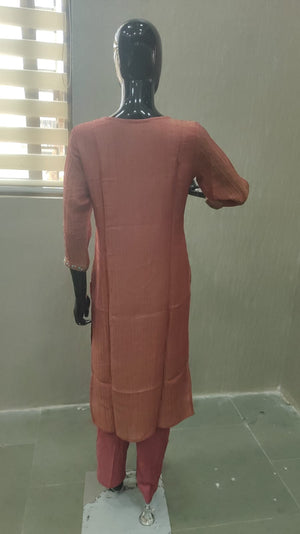 Rust Pure Viscose Silk Suit with Detailed Thread Work Embellishments - Model View 2