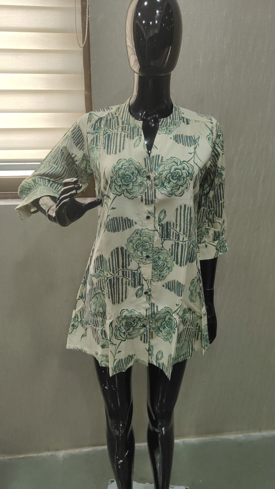 Green Floral Printed Rayon A-Line Top with Fresh Floral Look - Model View 1