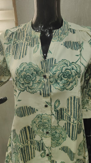 Green Floral Printed Rayon A-Line Top with Fresh Floral Look - Model View 2