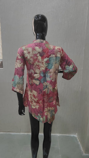Pink Floral Printed Pure Muslin A-Line Top for Everyday Casual Wear - Model View 2