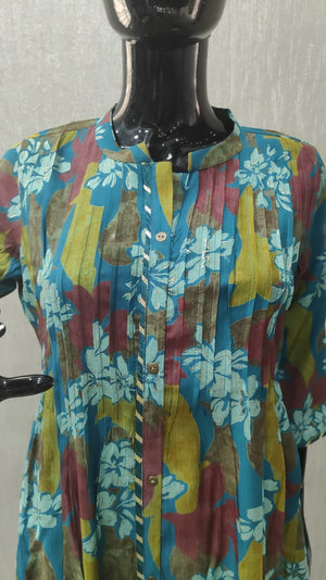 Green Floral Printed Pleated Silk Chiffon A-Line Top–Bottom Set for Refined Styling - Model View 1