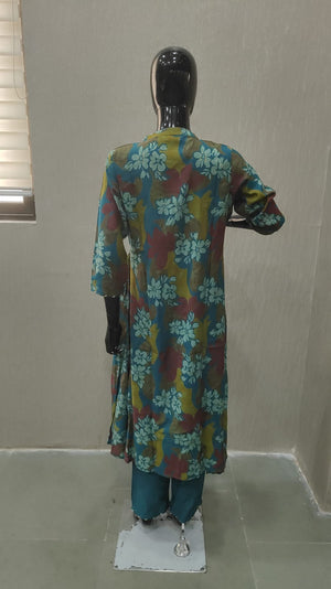 Green Floral Printed Pleated Silk Chiffon A-Line Top–Bottom Set for Refined Styling - Model View 2