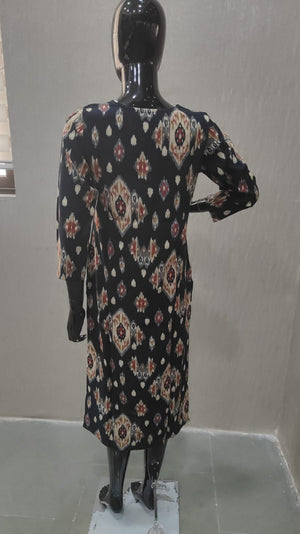 Blue Straight Cut Rayon Kurti with Traditional Ikkat Design and Foil Finish - Model View 1