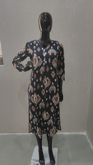 Blue Straight Cut Rayon Kurti with Traditional Ikkat Design and Foil Finish - Model View 2