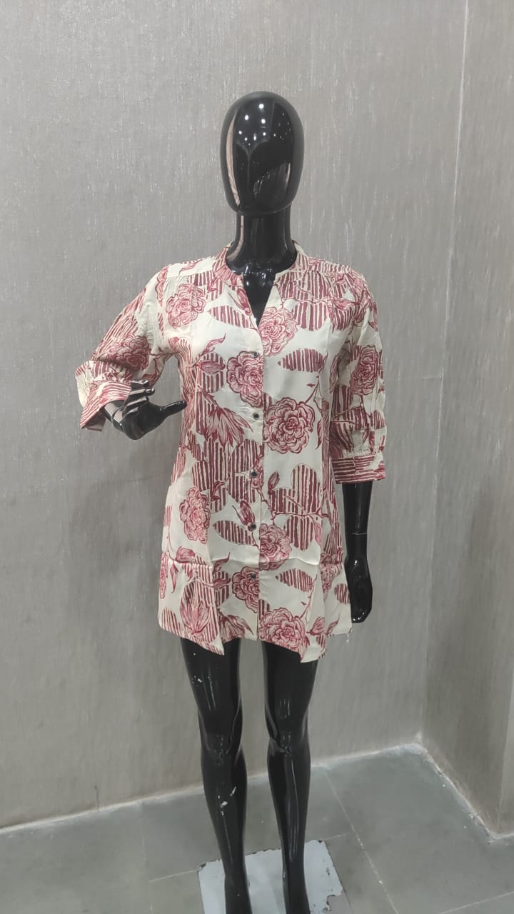 Red Floral Printed Rayon A-Line Top with Fresh Floral Look - Model View 1