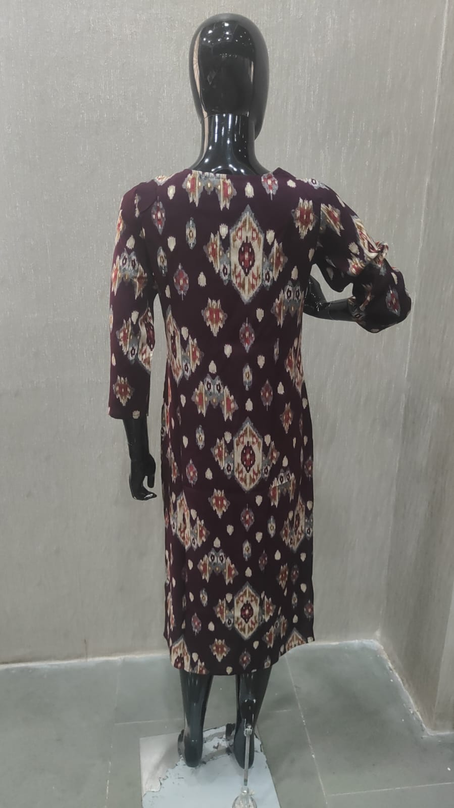 Wine Straight Cut Rayon Kurti with Traditional Ikkat Design and Foil Finish - Model View 3
