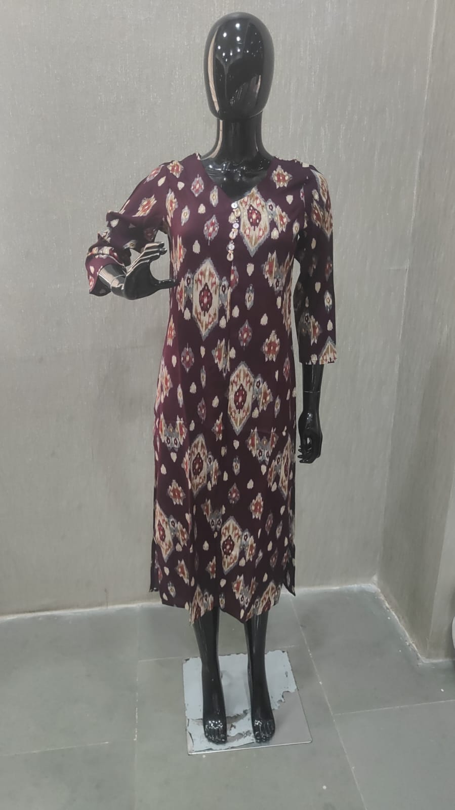 Wine Straight Cut Rayon Kurti with Traditional Ikkat Design and Foil Finish - Model View 1
