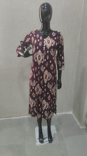 Wine Straight Cut Rayon Kurti with Traditional Ikkat Design and Foil Finish - Model View 1