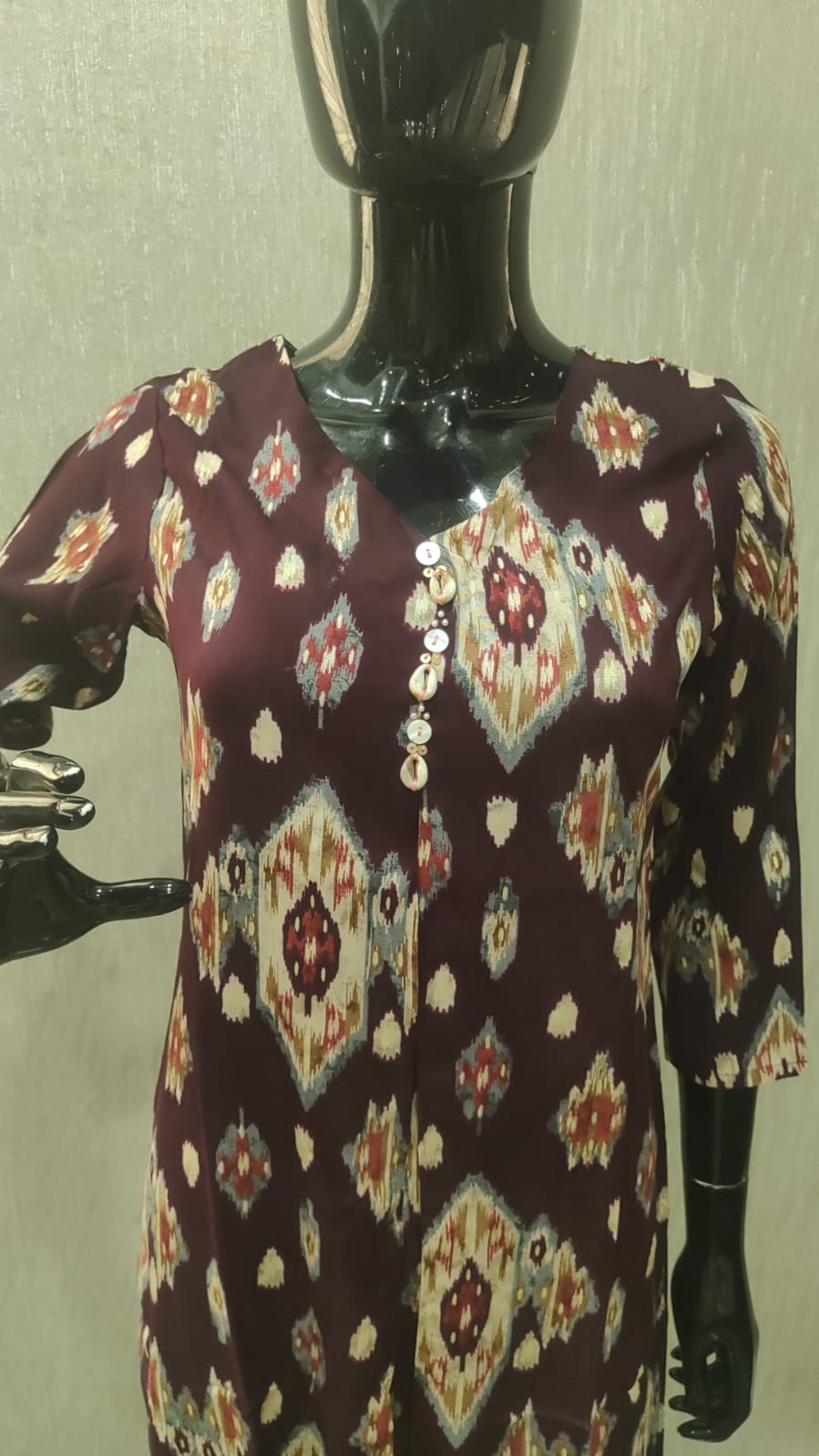 Wine Straight Cut Rayon Kurti with Traditional Ikkat Design and Foil Finish - Model View 2