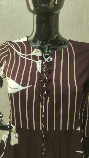 Wine Floral Print Rayon A-Line Top and Pant Set with Modern Ethnic Look - Model View 1