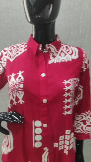 Chic Pink Rayon Top Bottom Set Featuring Ethnic Geometric Prints - Model View 2