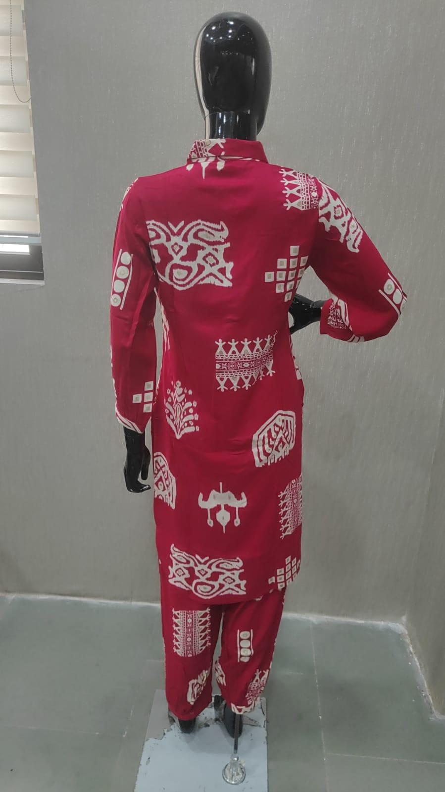 Chic Pink Rayon Top Bottom Set Featuring Ethnic Geometric Prints - Model View 1